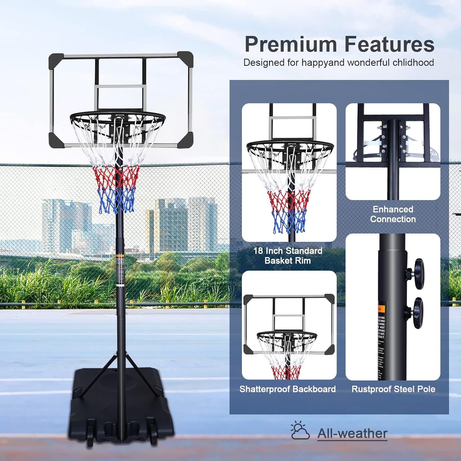 Rakon Soporte de baloncesto portátil de altura ajustable de 5.6-7 pies7.5-9.2 pies  2832 pulgadas Sistema de tablero de baloncesto