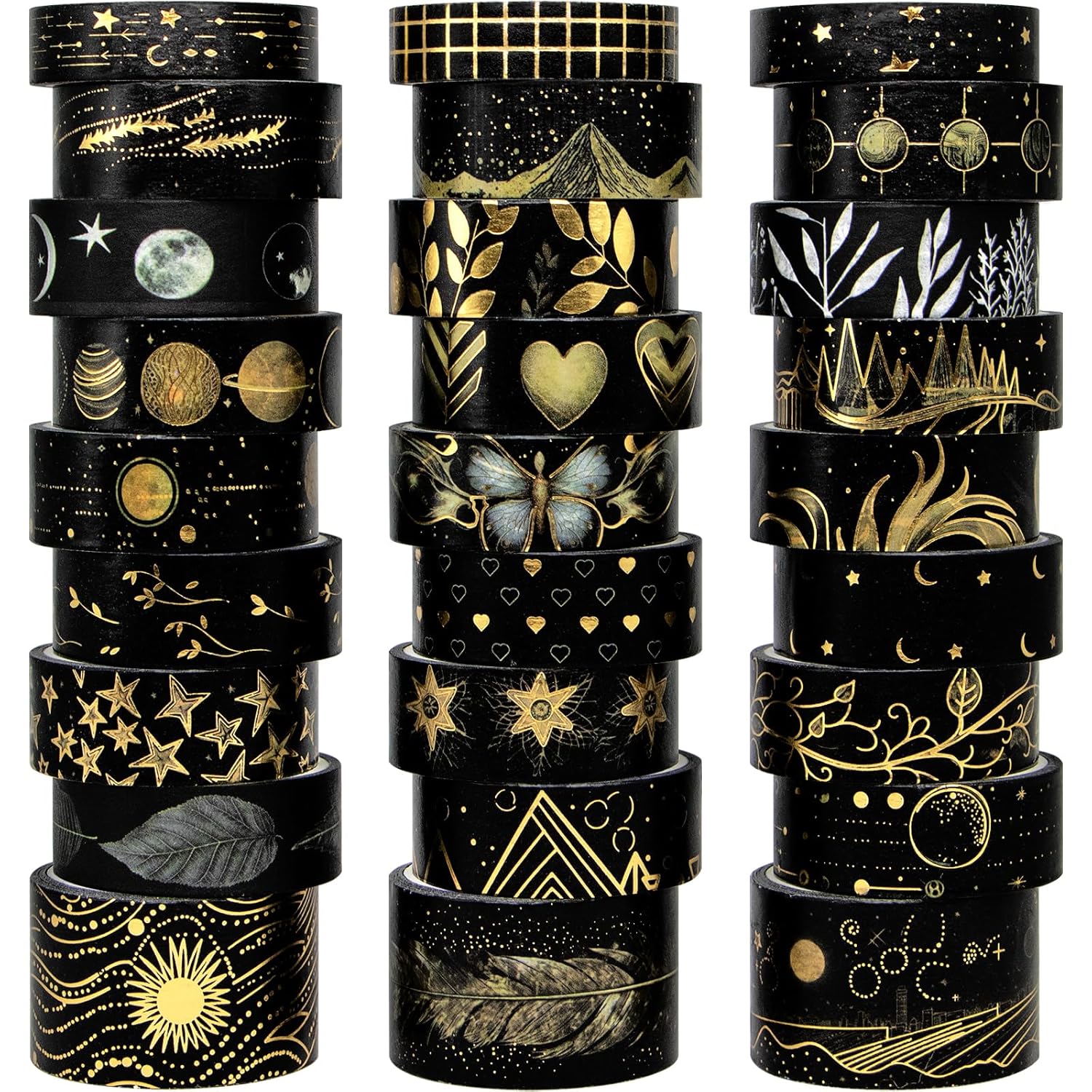 Juego de cinta washi negra, 27 rollos de cinta adhesiva decorativa de lámina dorada negra para diario de viñetas, suministros de álbumes de