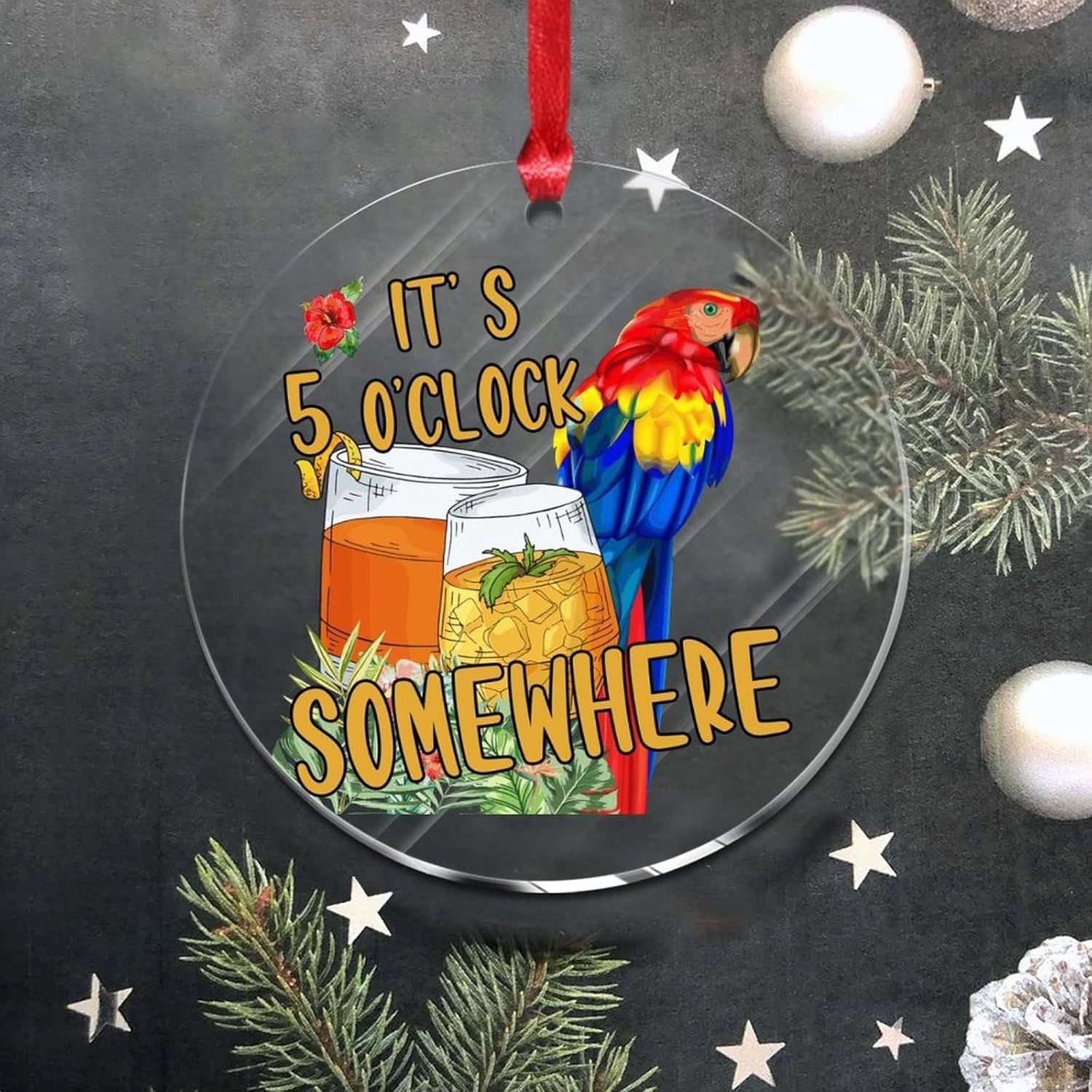 Adornos de Navidad 2023 It’s Five O’Clock Somewhere Adornos de Navidad acrílicos Tiki Bar Pool Jacuzzi Luau Colgante Loro Flores Flamenco Playa