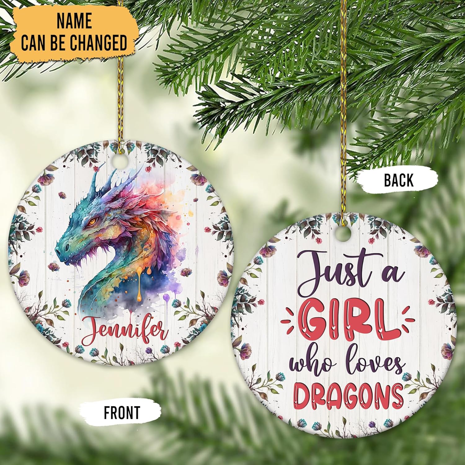 Hyturtle Adorno de Navidad personalizado para amantes del dragón, adorno de cerámica con nombre personalizado de Just A Girl Who Loves Dragons,