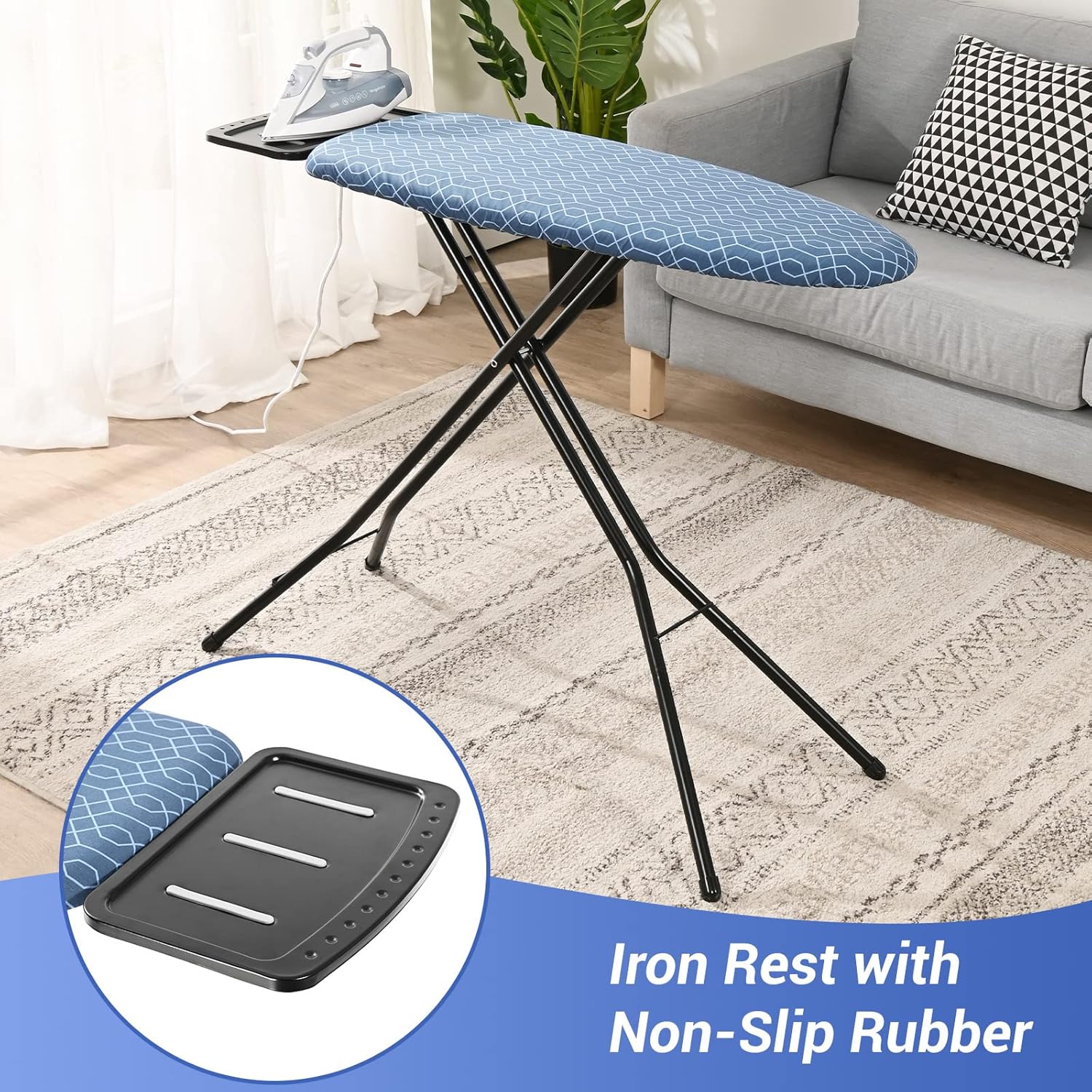 APEXCHASER Tabla de planchar con soporte de hierro, 2 cubiertas resistentes al calor y alturas ajustables de siete niveles, tablas de hierro que