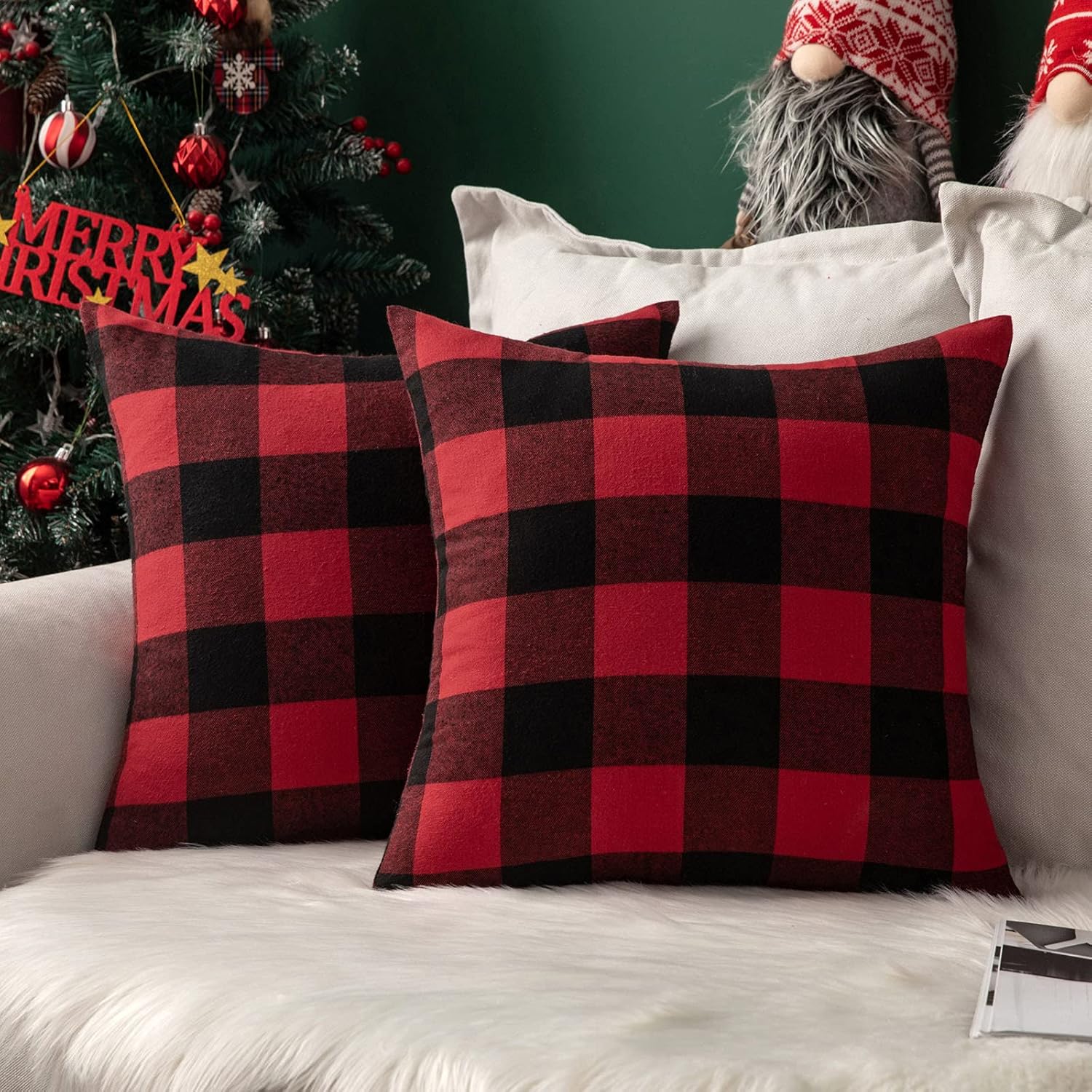 MIULEE – Paquete de 2 fundas de almohada decorativas clásicas de Navidad a cuadros retro de lino de poliéster suave sólido negro y rojo para