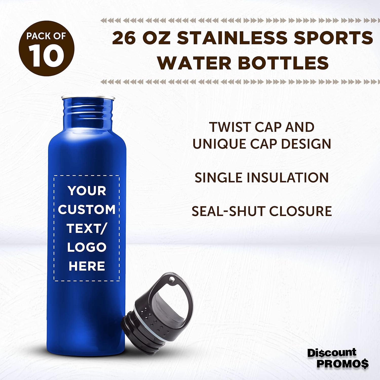 DISCOUNT PROMOS Botellas de agua personalizadas de acero inoxidable de 26 onzas, juego de 10, paquete a granel personalizado, reutilizables, a