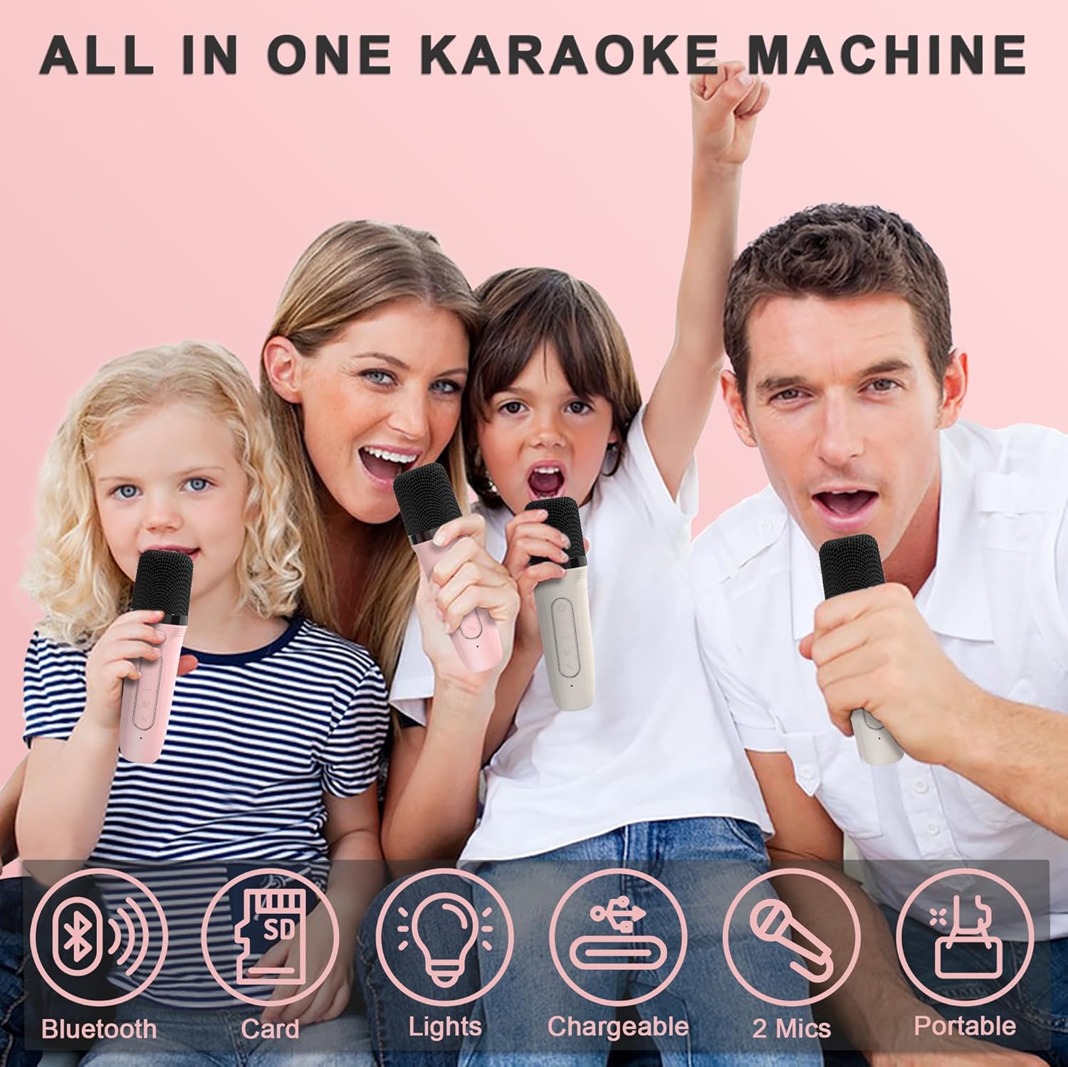 Mini juguete de máquina de micrófono de karaoke, altavoz Bluetooth portátil con 2 micrófonos inalámbricos para niñas, juguetes de reproductor de