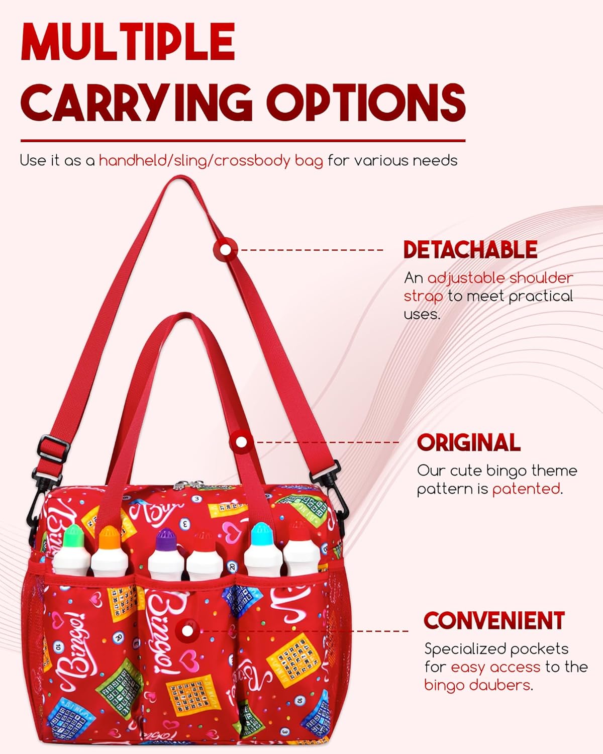 Bolsa de bingo roja para juegos de bingo, suministros de bingo Daubers para adultos, regalos para amantes del bingo del casino, jugadores,