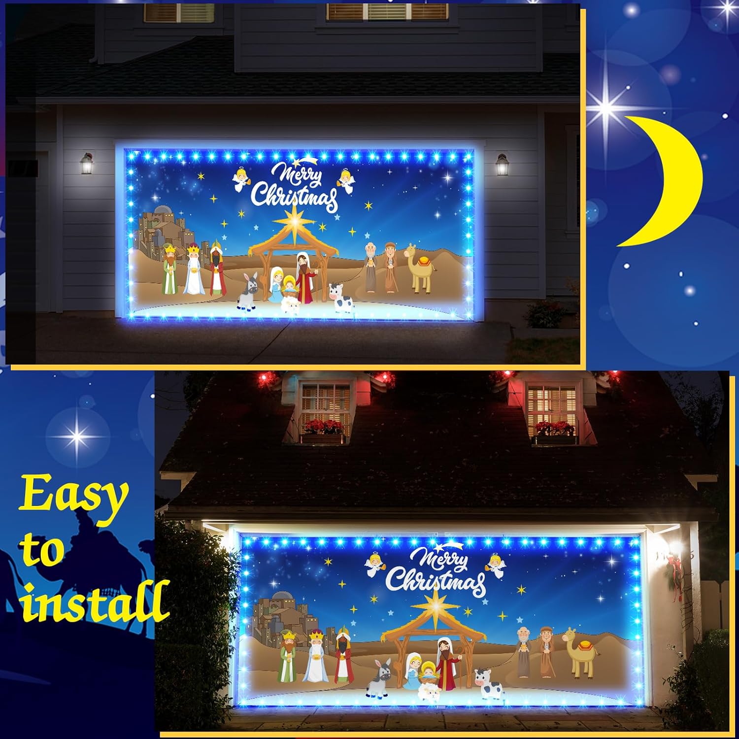 Cartel de Navidad para puerta de garaje al aire libre, 7 x 16 pies, decoración de fondo grande de Navidad con tira de luces LED, cubierta de vinilo
