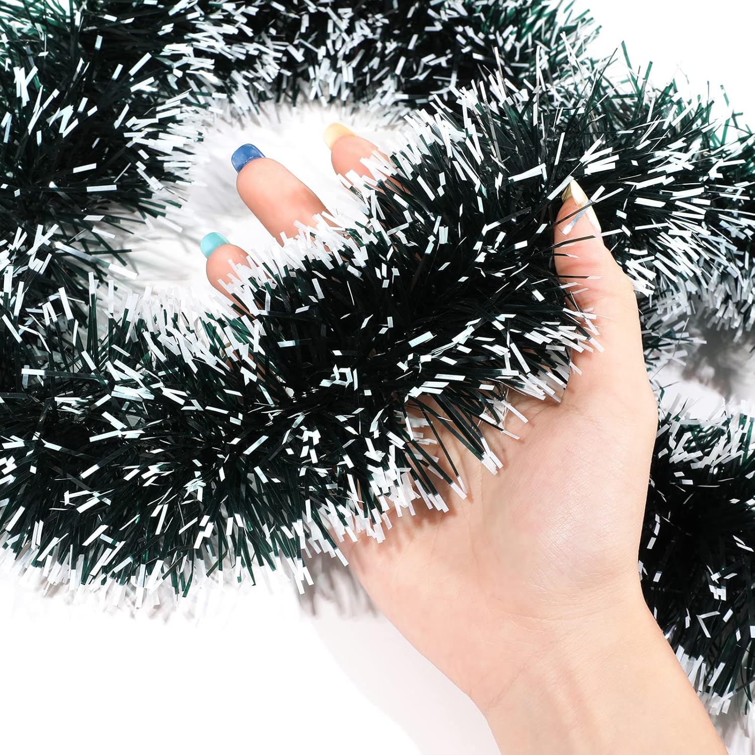 Waydress 2 guirnaldas de oropel verde oscuro para decoración de árbol de Navidad, guirnalda metálica de nieve blanca, serpentinas colgantes para