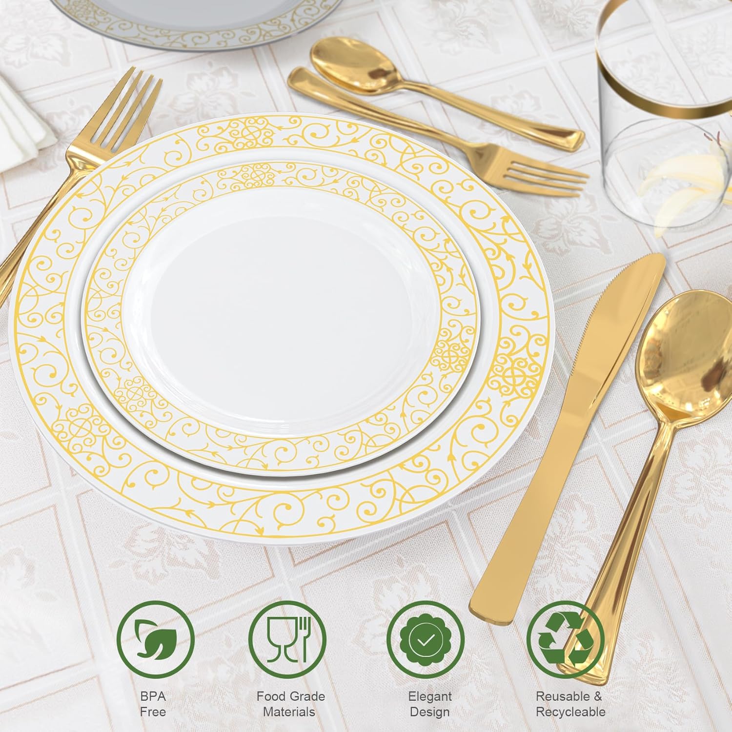 GreenElevate Platos de plástico, 150 platos desechables de plástico para 25 invitados 25 platos llanos, 25 platos de postre, 25 tenedores, 25