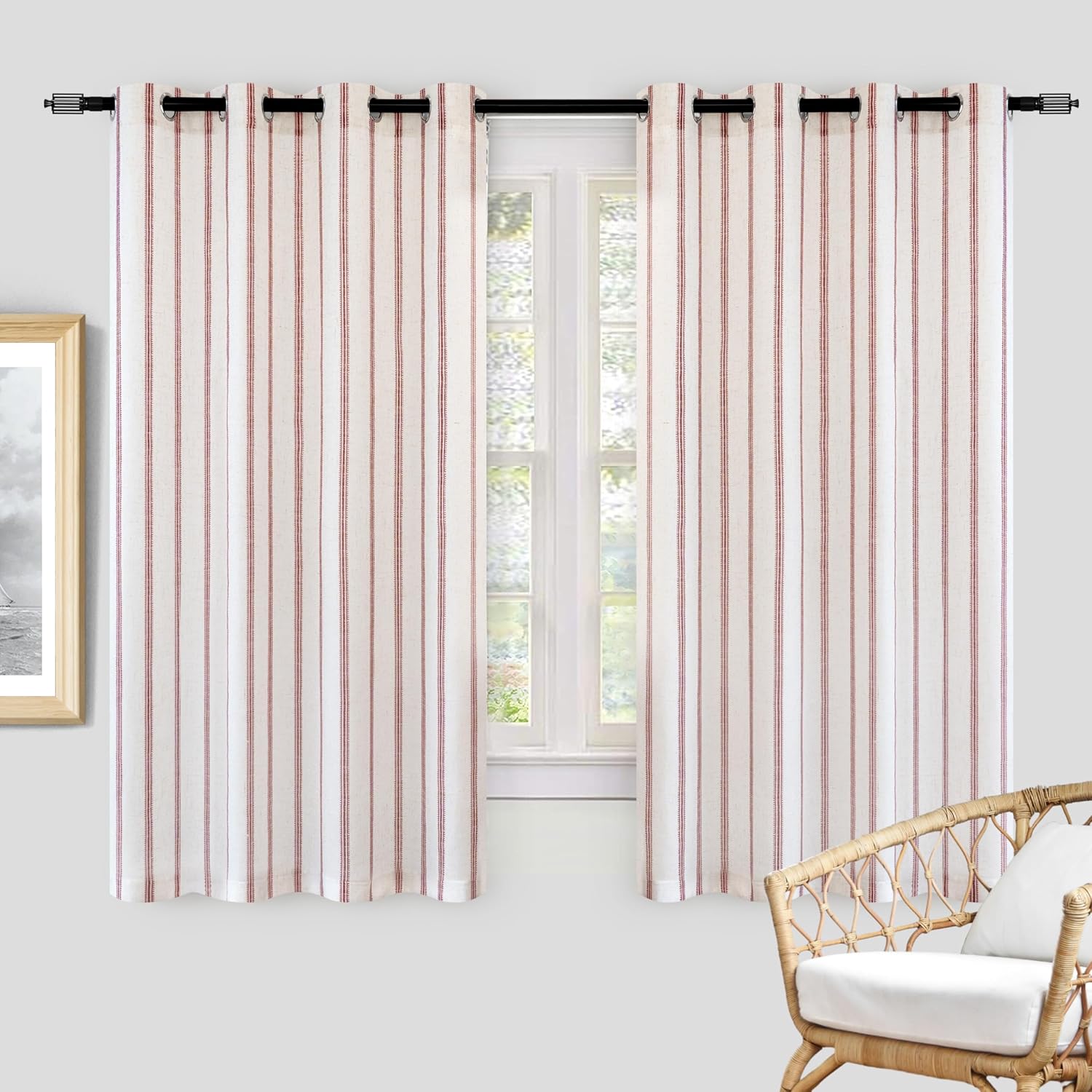 DriftAway Cortinas opacas de mezcla de lino con estampado de rayas verticales, cortinas de lino para dormitorio, con aislamiento térmico, con