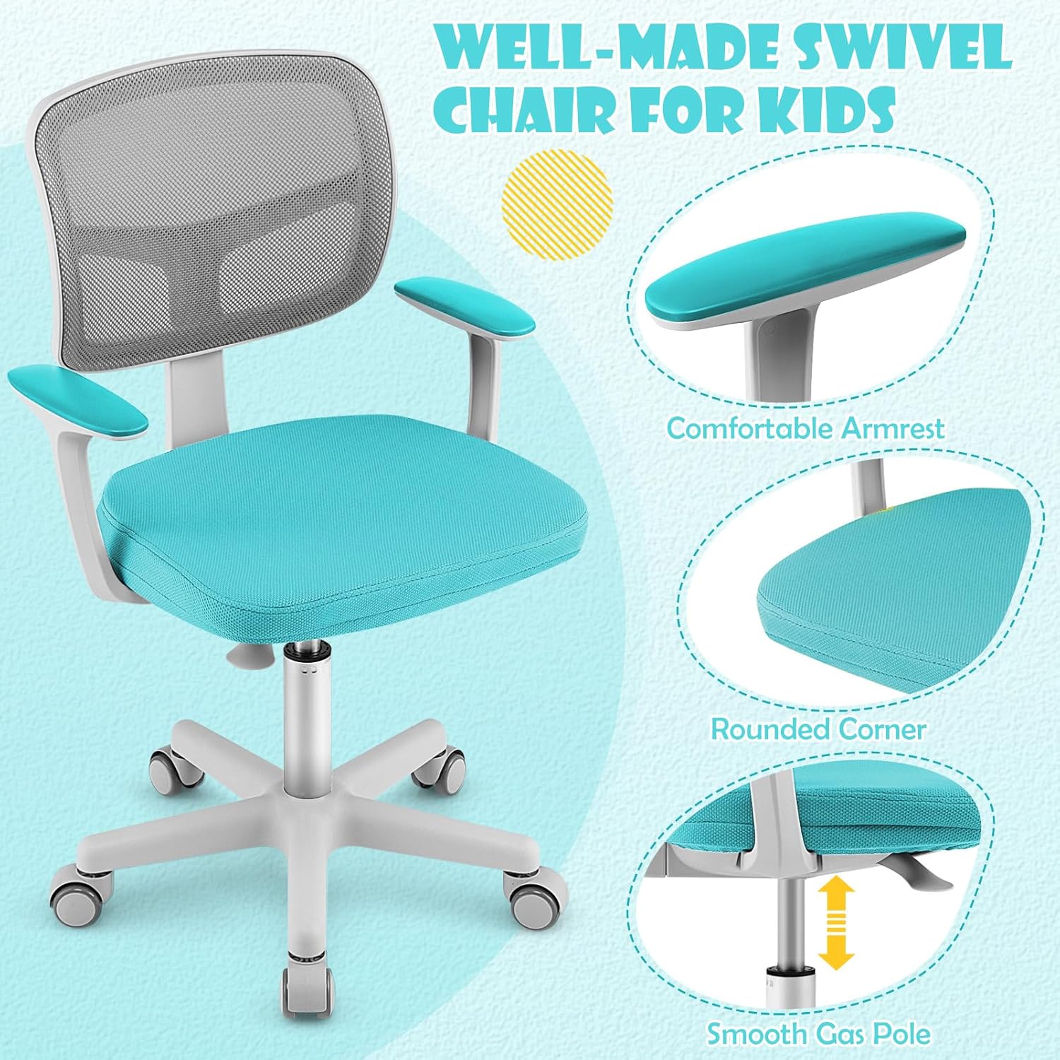 GLACER Silla de escritorio para niños con brazos, silla de estudio de malla ajustable de 330 libras con ruedas para niñas y niños, silla giratoria