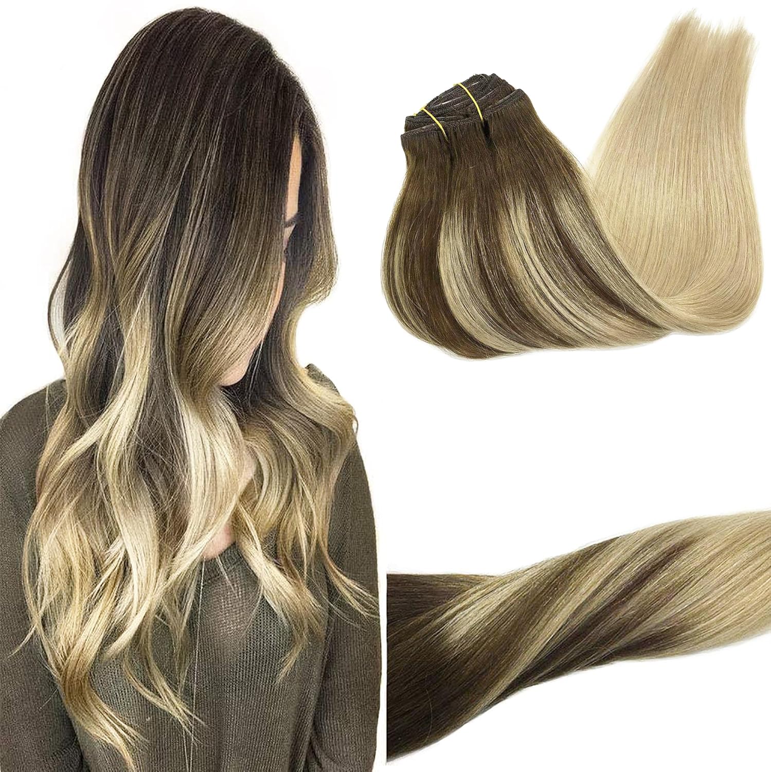 GOO GOO – Extensiones de cabello humano con clip en balayage de color castaño chocolate a rubio sucio de 16 pulgadas, 7 piezas de 4.23oz,