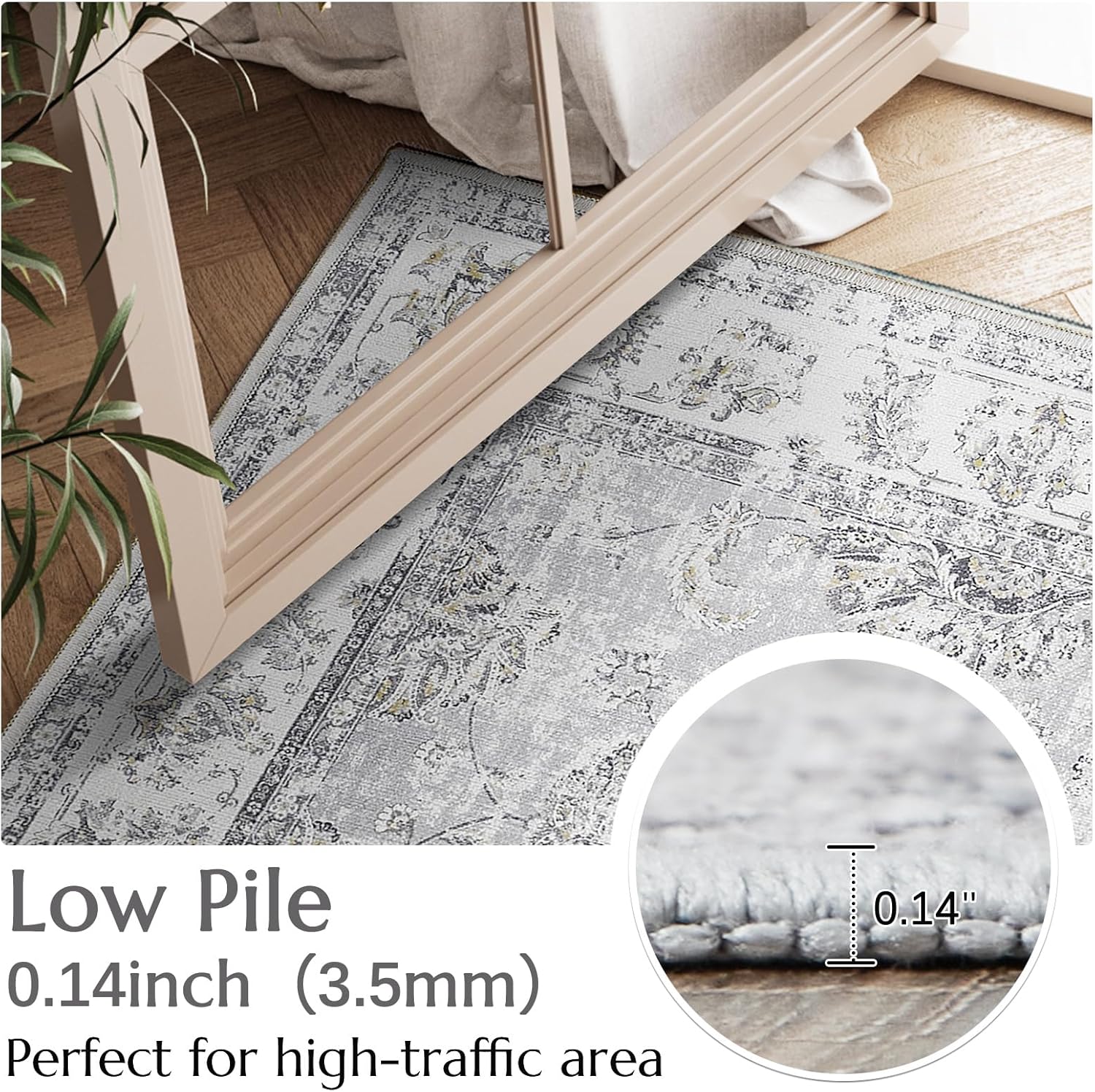 COLLACT Alfombra de área gris de 3 x 5 pulgadas, alfombra vintage para cocina, pasillo, estampado floral, alfombra fina para interiores, alfombra