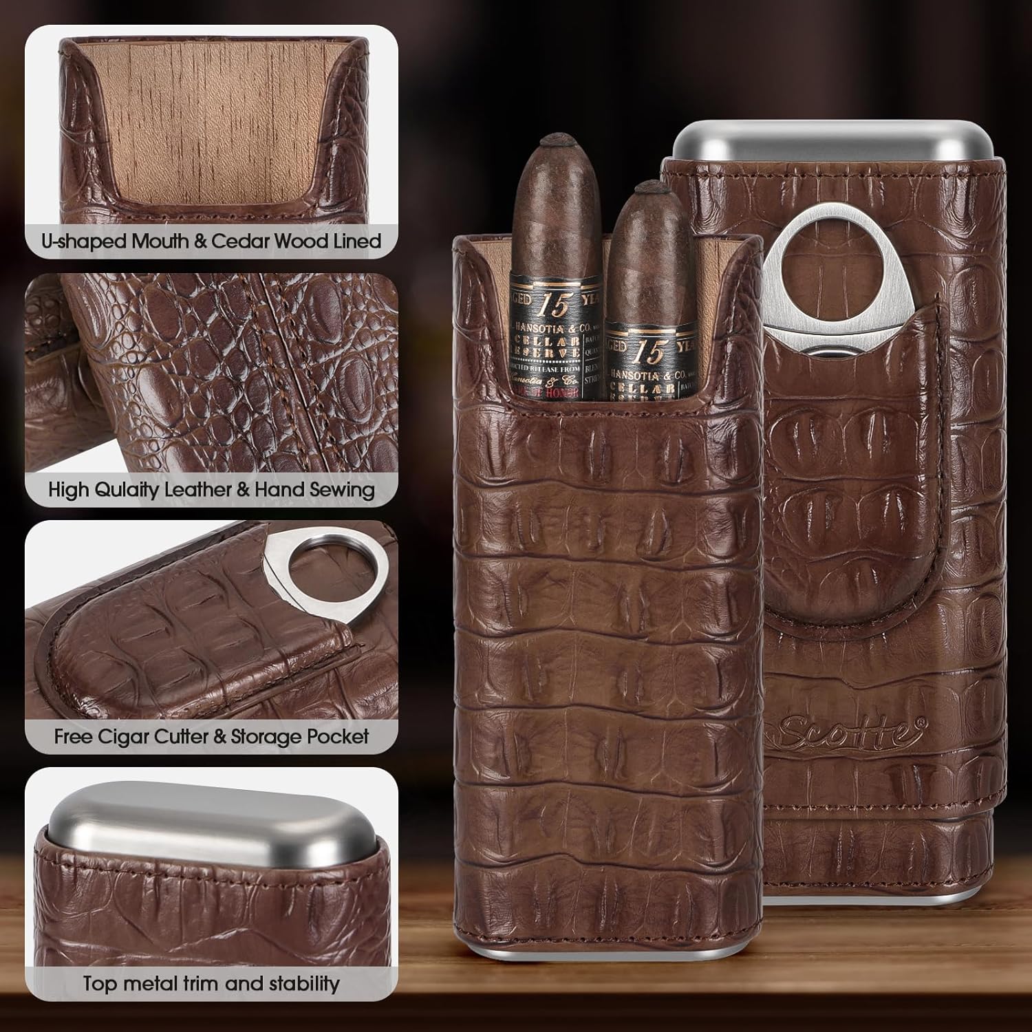 Scotte Estuche de viaje de cuero para cigarros, funda de viaje con forro de madera de cedro, caja de humidor de cigarros portátil con cortador de