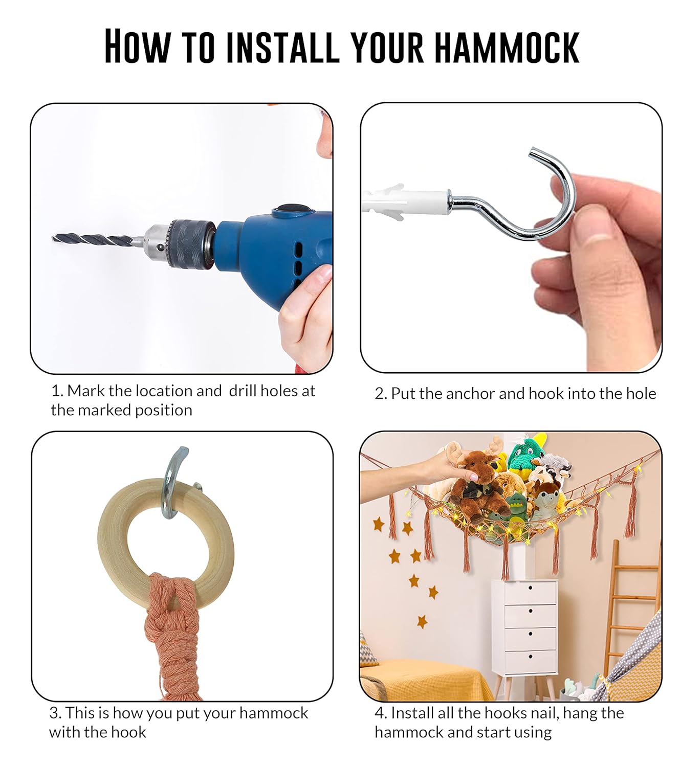 Red de animales de peluche o hamaca jumbo  con cadena de luces LED blancas cálidas, ganchos de pared, hamaca de animales de peluche  Red