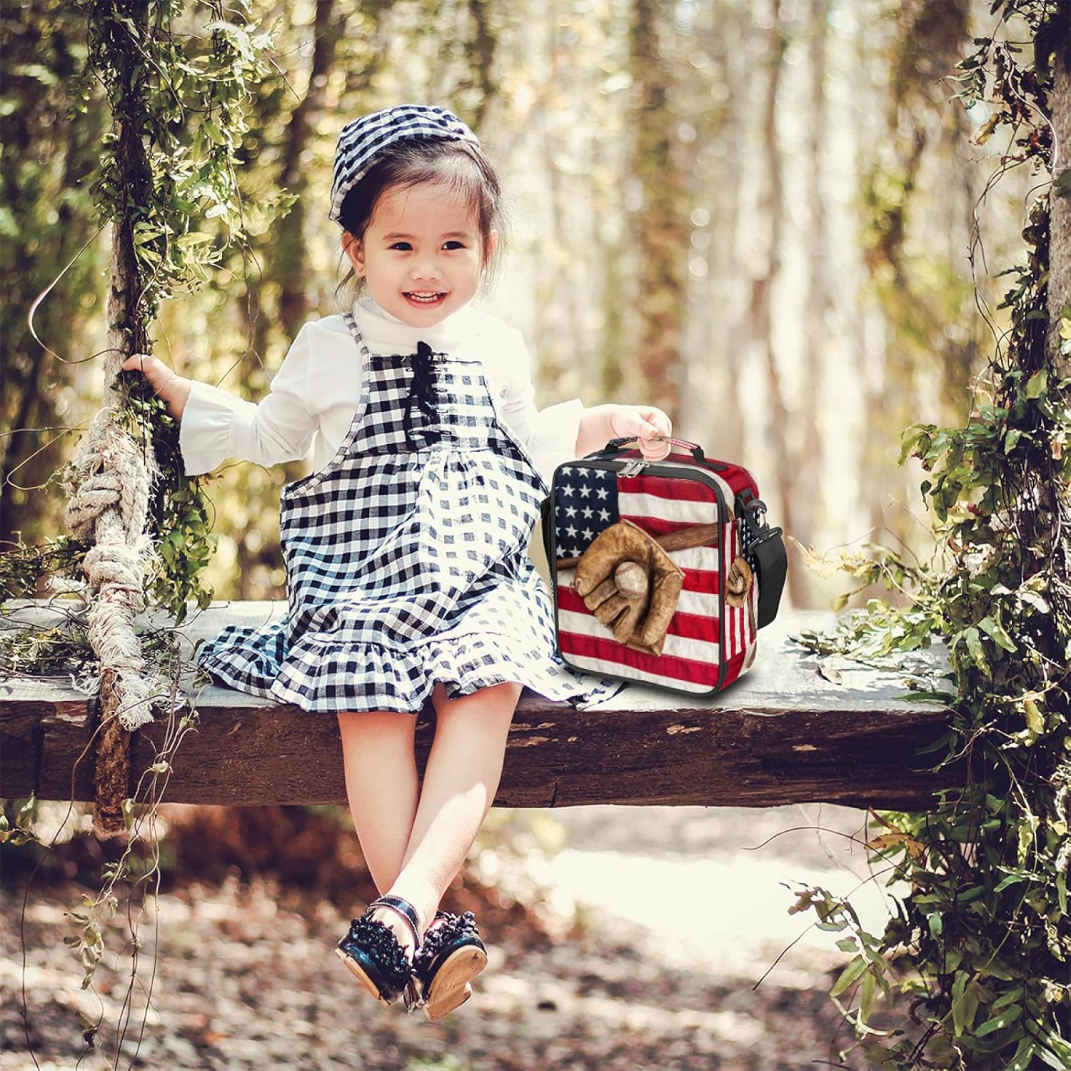 Lonchera con aislamiento de béisbol vintage, bolsas de almuerzo para niños, bolsa de almuerzo reutilizable con bandera estadounidense de béisbol,