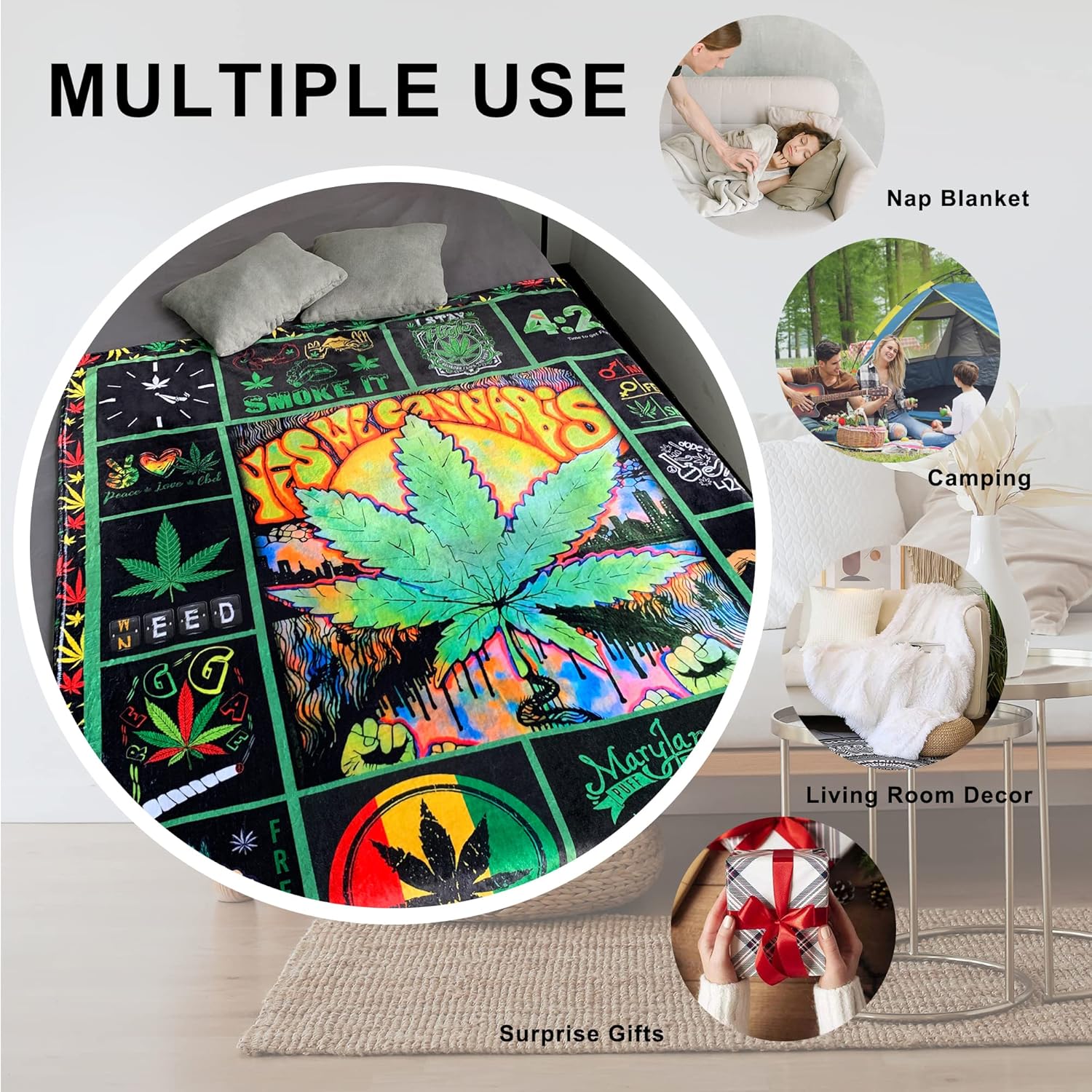 Manta de franela de malezas súper cálida y suave para cama, sofá, sofá, acurrucarse, transpirable, hojas de marihuana y cannabis, para todas las