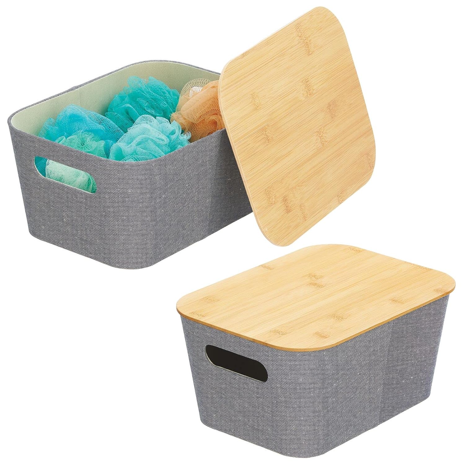 mDesign Cesta moderna cubierta de tela con tapa, caja de almacenamiento decorativa apilable con cubierta de bambú para armario, sala de estar,