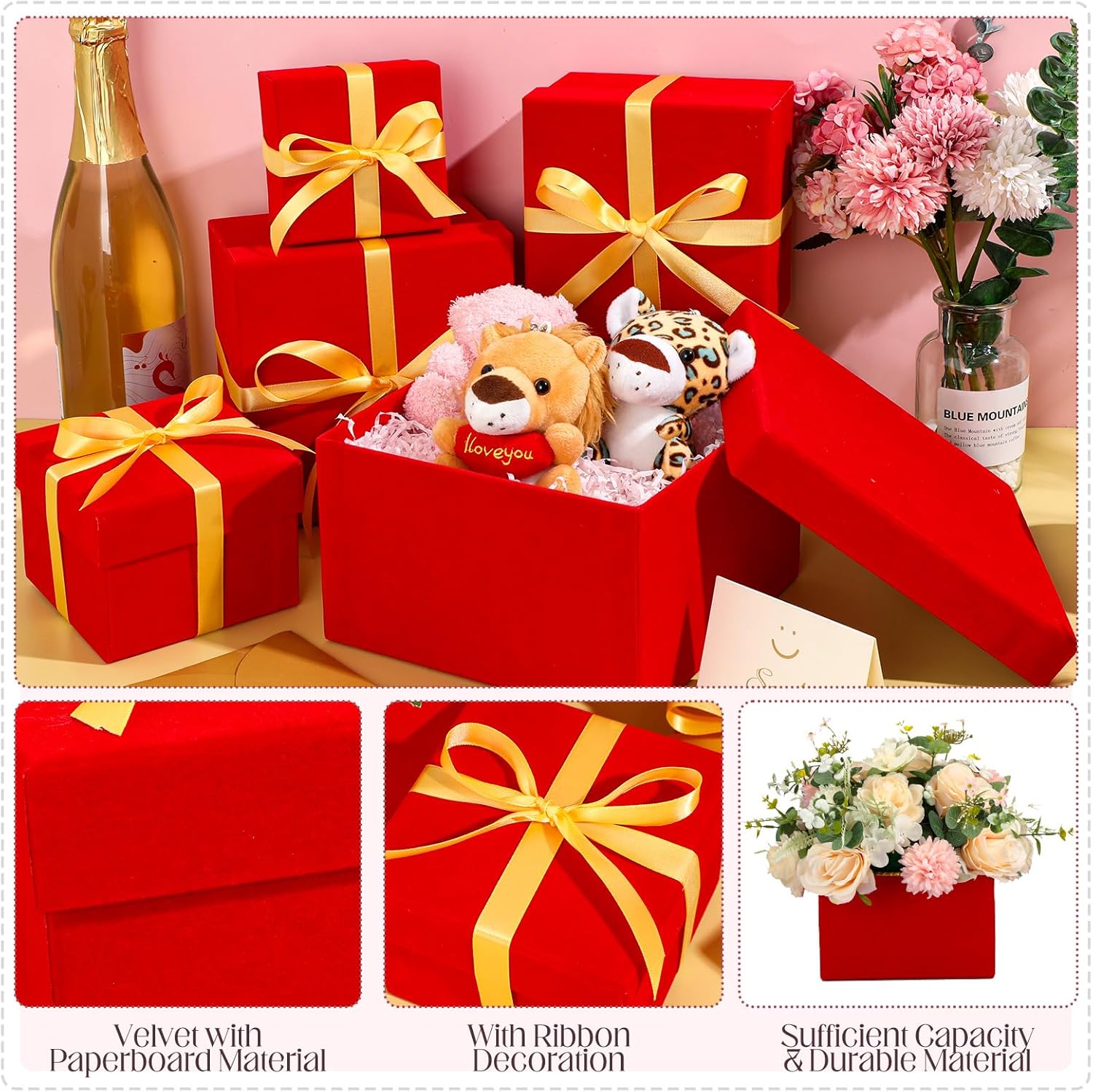 Mifoci Paquete de 5 cajas de regalo anidables para el Día de la Madre con tapas, cinta, terciopelo, arreglos cuadrados, flores, caja de regalo de 5