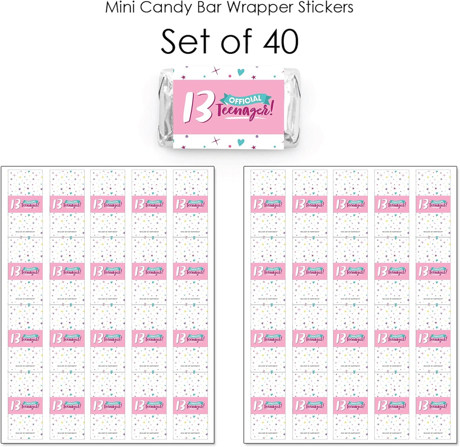 Big Dot of Happiness Pegatinas para envolver mini barras de caramelo para niña de 13 años, regalos pequeños oficiales para fiestas de cumpleaños de