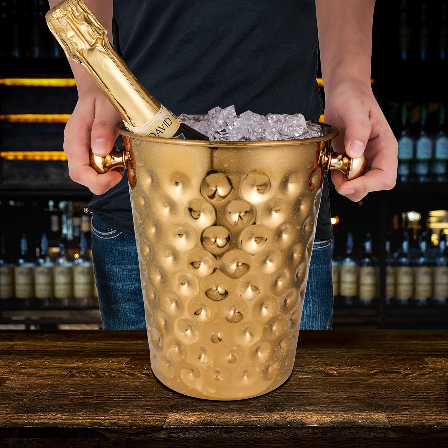 Cubo de metal dorado champán de 5 cuartos de galón, cubo de hielo de acero inoxidable con acabado de espejo martillado para fiestas, bodas,