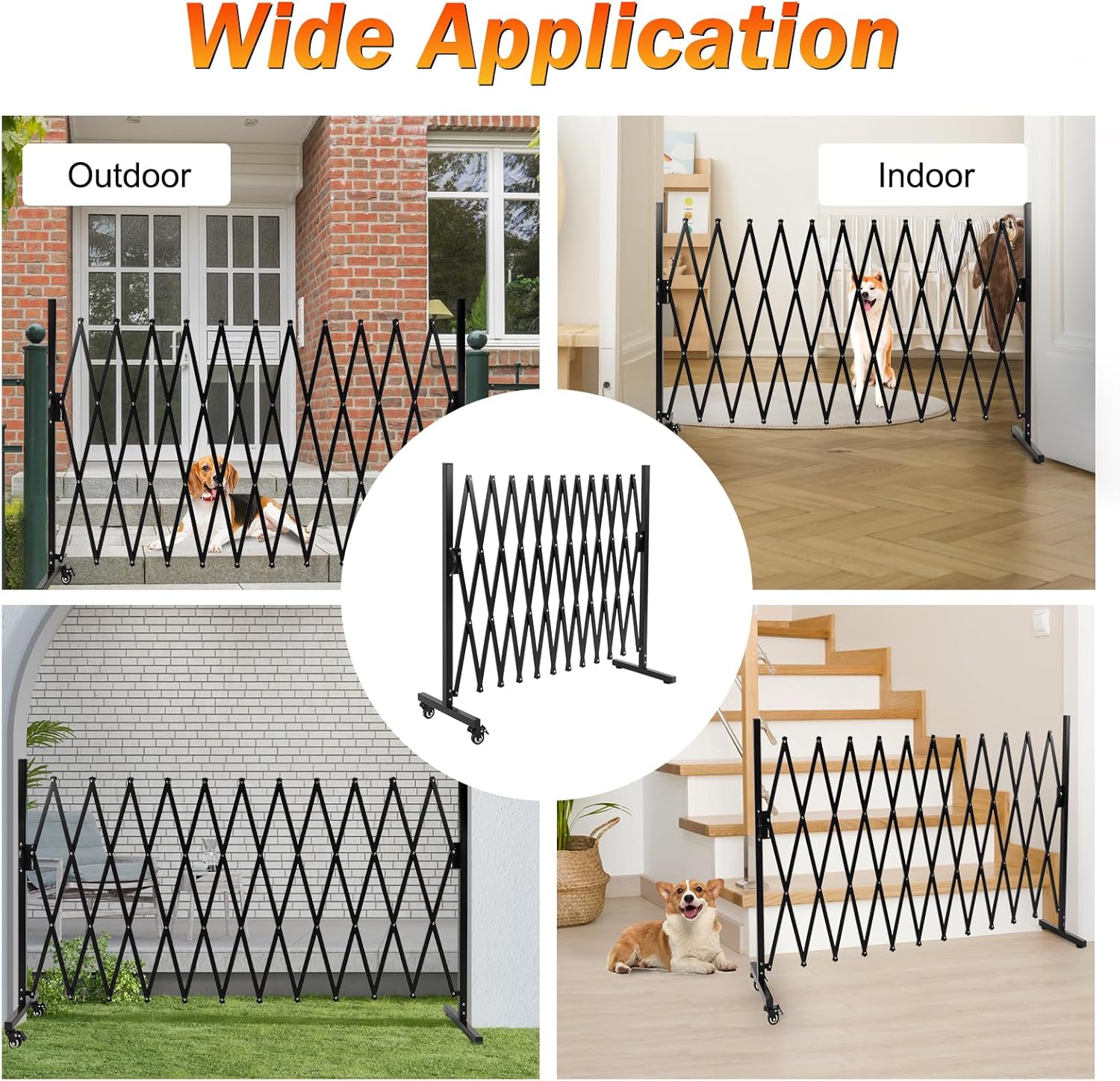 SMONTER Puerta de barricada expandible, puerta de barrera de seguridad de metal de 129 pulgadas con ruedas, valla de acordeón para jardín, patio,