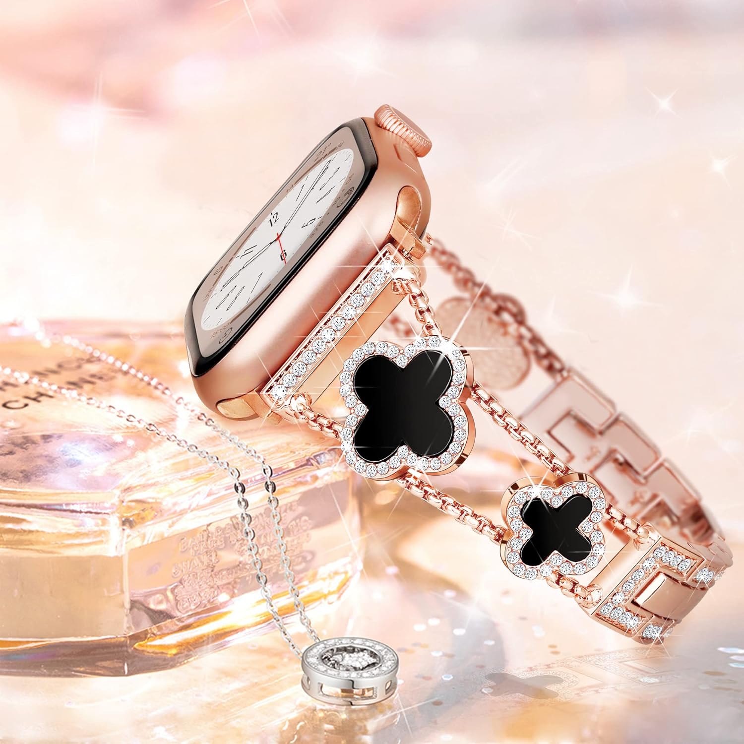 wipalor Correa de trébol para Apple Watch de 1.614, 1.575 y 1.496 pulgadas, para mujer, correas elegantes de metal para iWatch de 1.575 pulgadas