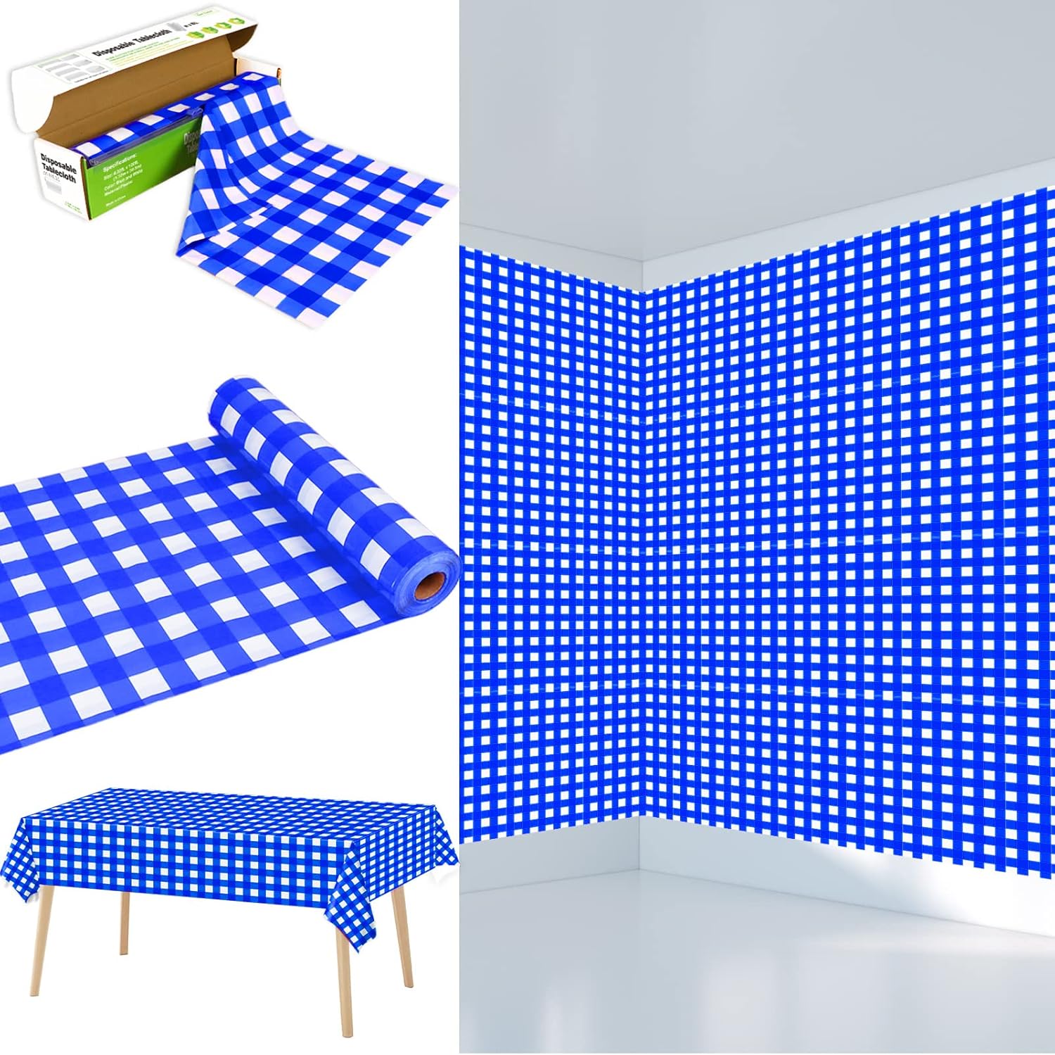 Blue Gingham Checkered Tablecloth Roll 52 in x 100 Ft with Slide Cutter Plastic Table Cloth Roll Blue Gingham Plastic Picnic Party Table Cover for