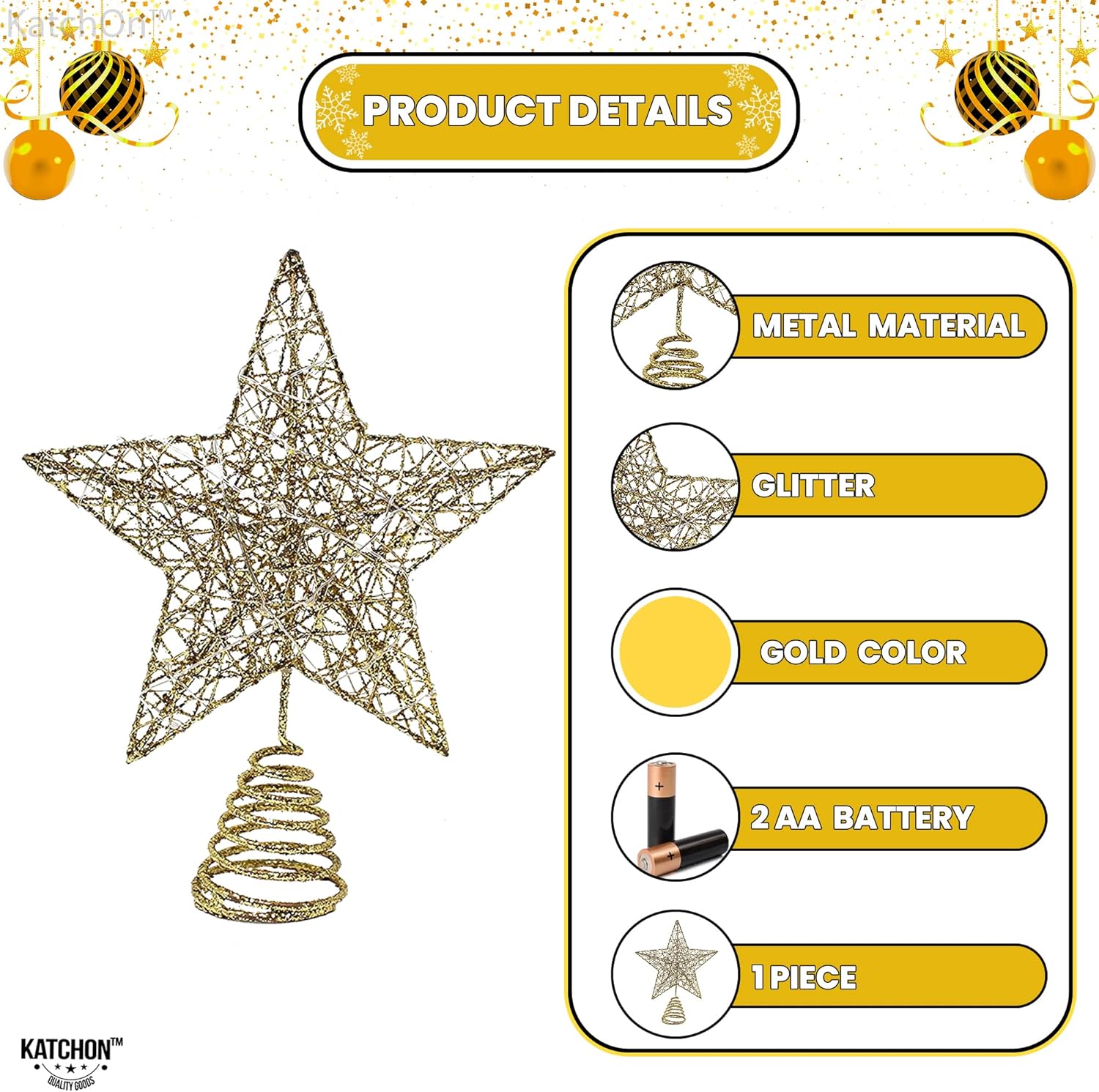 KatchOn, Estrella dorada iluminada para árbol de Navidad, 20 LED, 10 pulgadas, estrella para decoración de árbol de Navidad, decoración de estrella
