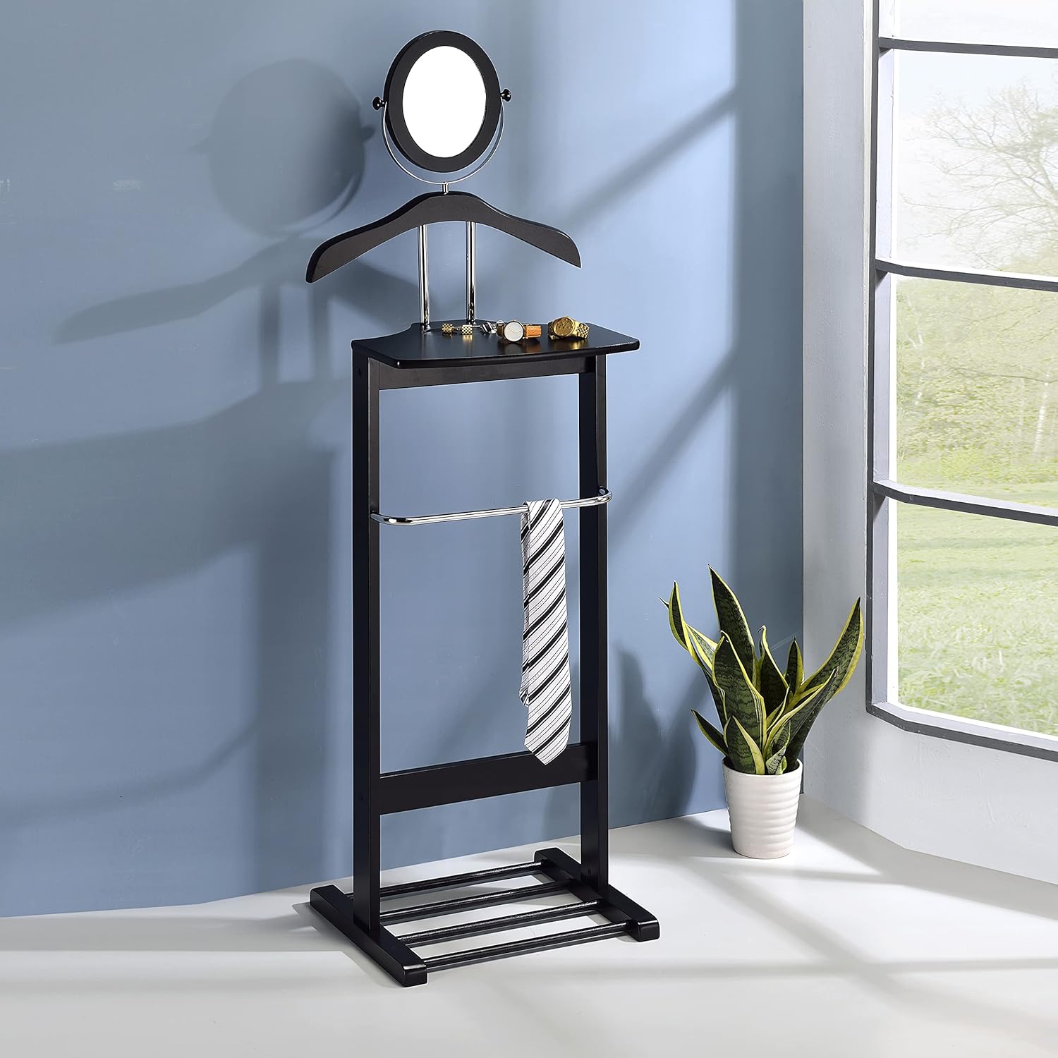 Kings Brand Furniture – Soporte de valet de madera para vestuario, perchero para ropa, corbata, colgador de cinturón y zapatero, negrocromo