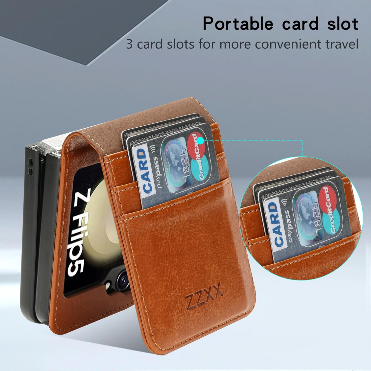 ZZXX Funda tipo cartera para Samsung Galaxy Z Flip 5 con bloqueo RFID, ranura para tarjetas, cierre magnético, de piel, con soporte para bolígrafo