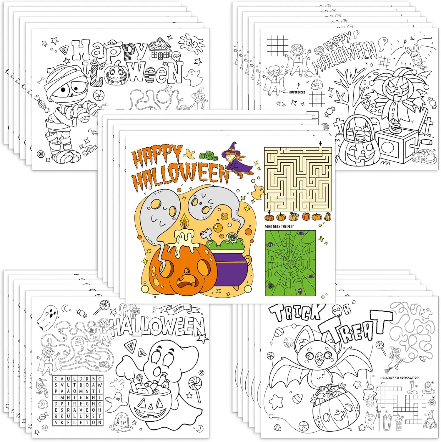 AnyDesign – 30 manteles individuales de papel de Halloween de 5 estilos para colorear de 11 x 14 pulgadas, tapete de comedor desechable para
