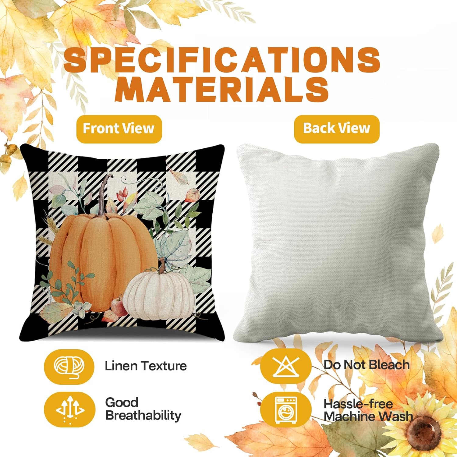 Juego de 4 fundas de almohada de otoño de 18 x 18 pulgadas para decoración de otoño, decoración de otoño, calabaza, hoja de arce y Acción de
