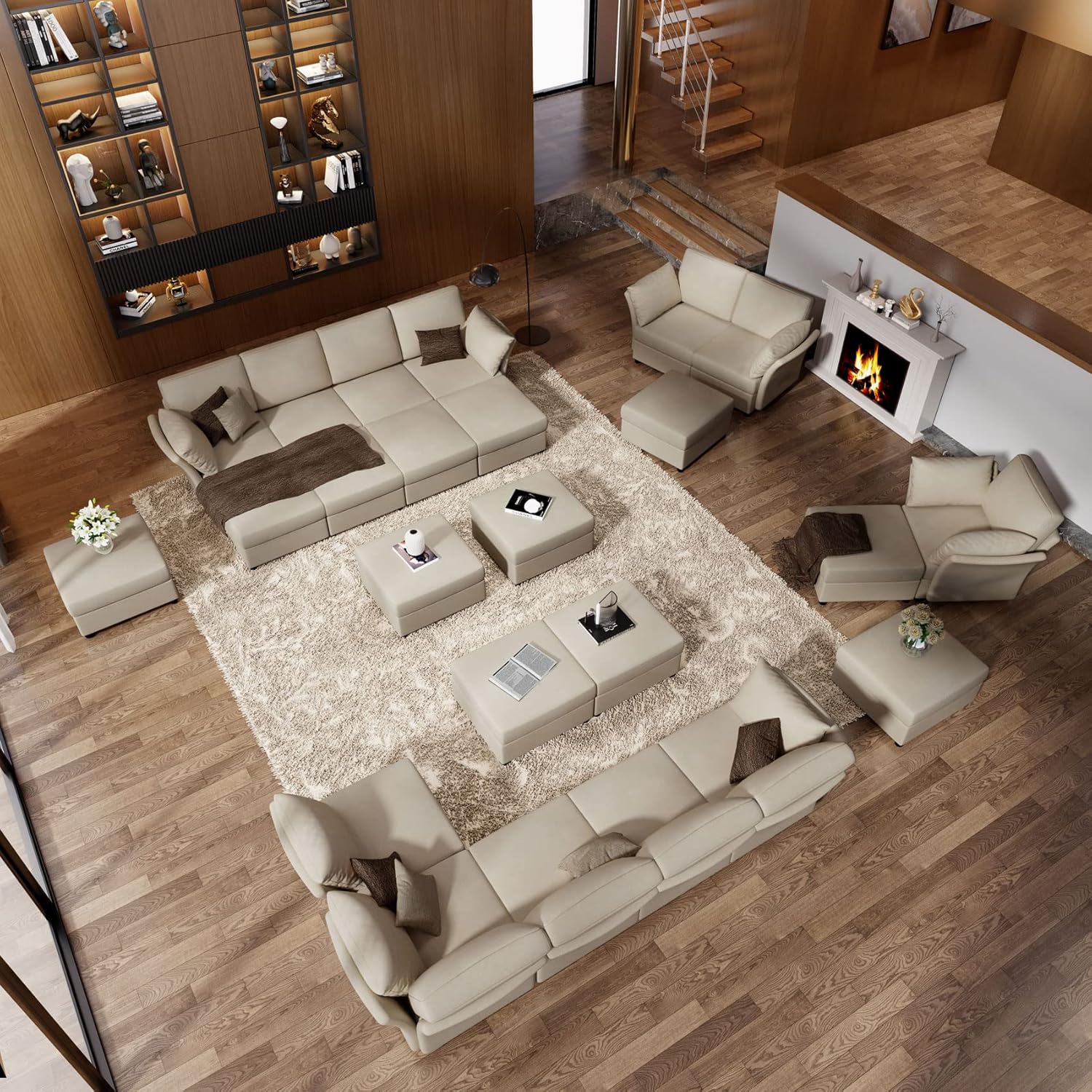 VanAcc Sofá modular de 9 asientos, sofá modular modular en forma de U con otomanas, sofá reversible para sala de estar, felpilla beige
