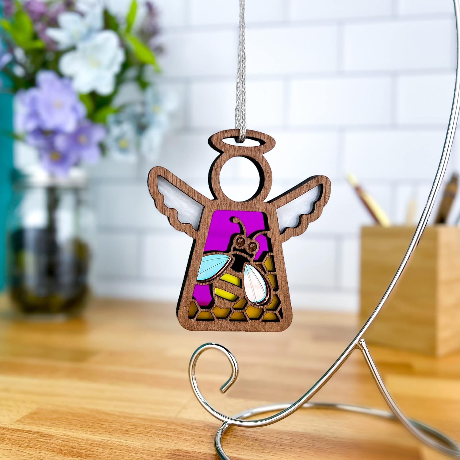 Honey Bee Ornament with Honeycomb Motif Design – Magenta Pink Angel Figurines – Ideal Bee Decor or Bee Kitchen Decor for Mom, Best Friend, Coworker,
