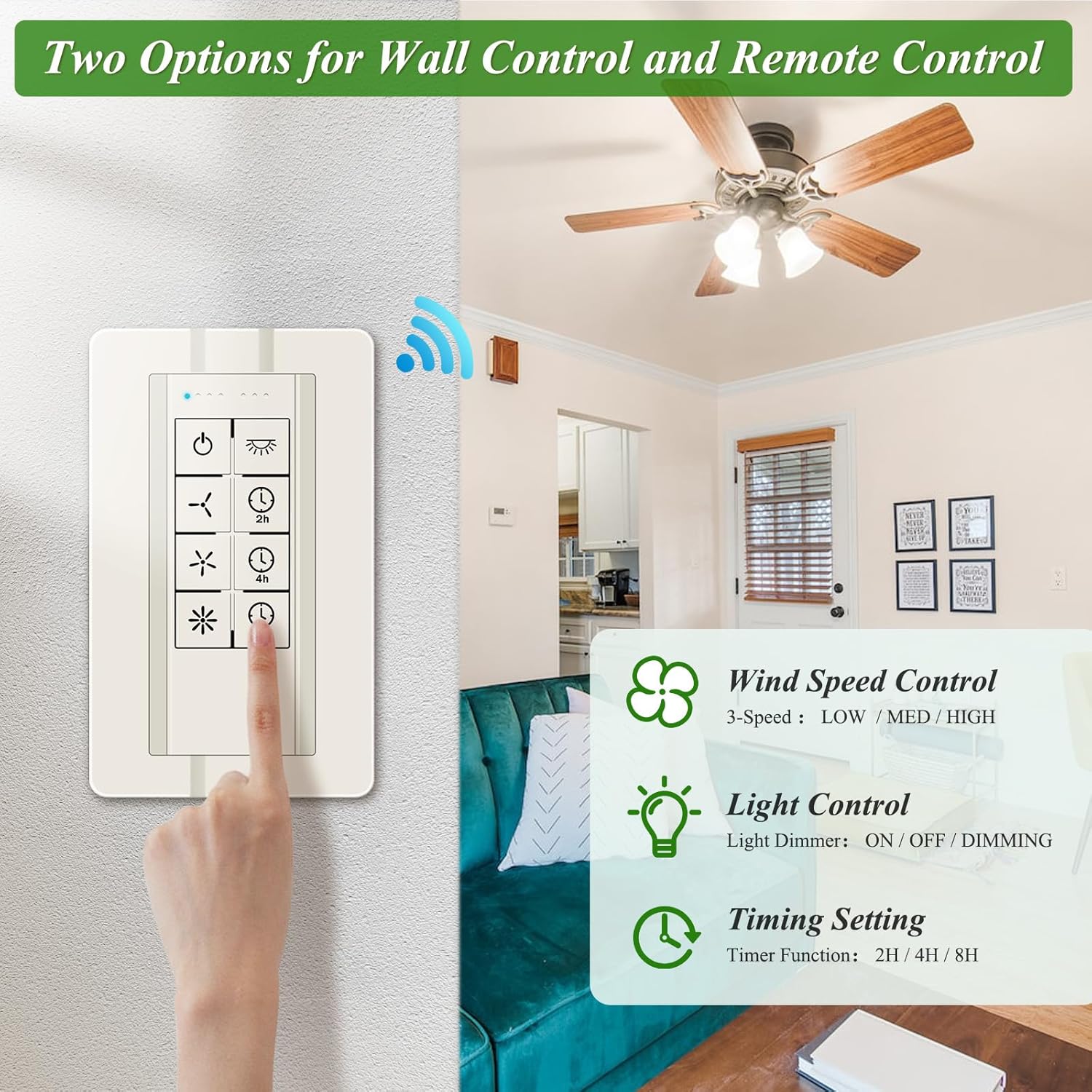 Ventilador de techo inteligente universal con control remoto y atenuador de luz, 3 velocidades con atenuación de 2 a 8 horas, dispositivos