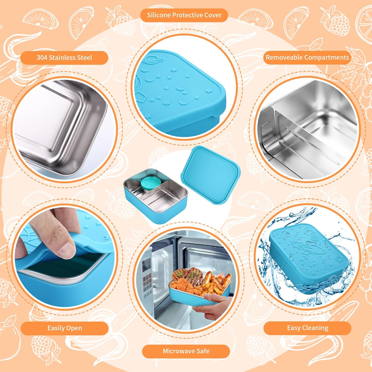 Lonchera Bento, caja Bento de acero inoxidable con compartimentos extraíbles y 2 tazas de salsa, apta para lavavajillas, congelador, libre de BPA,