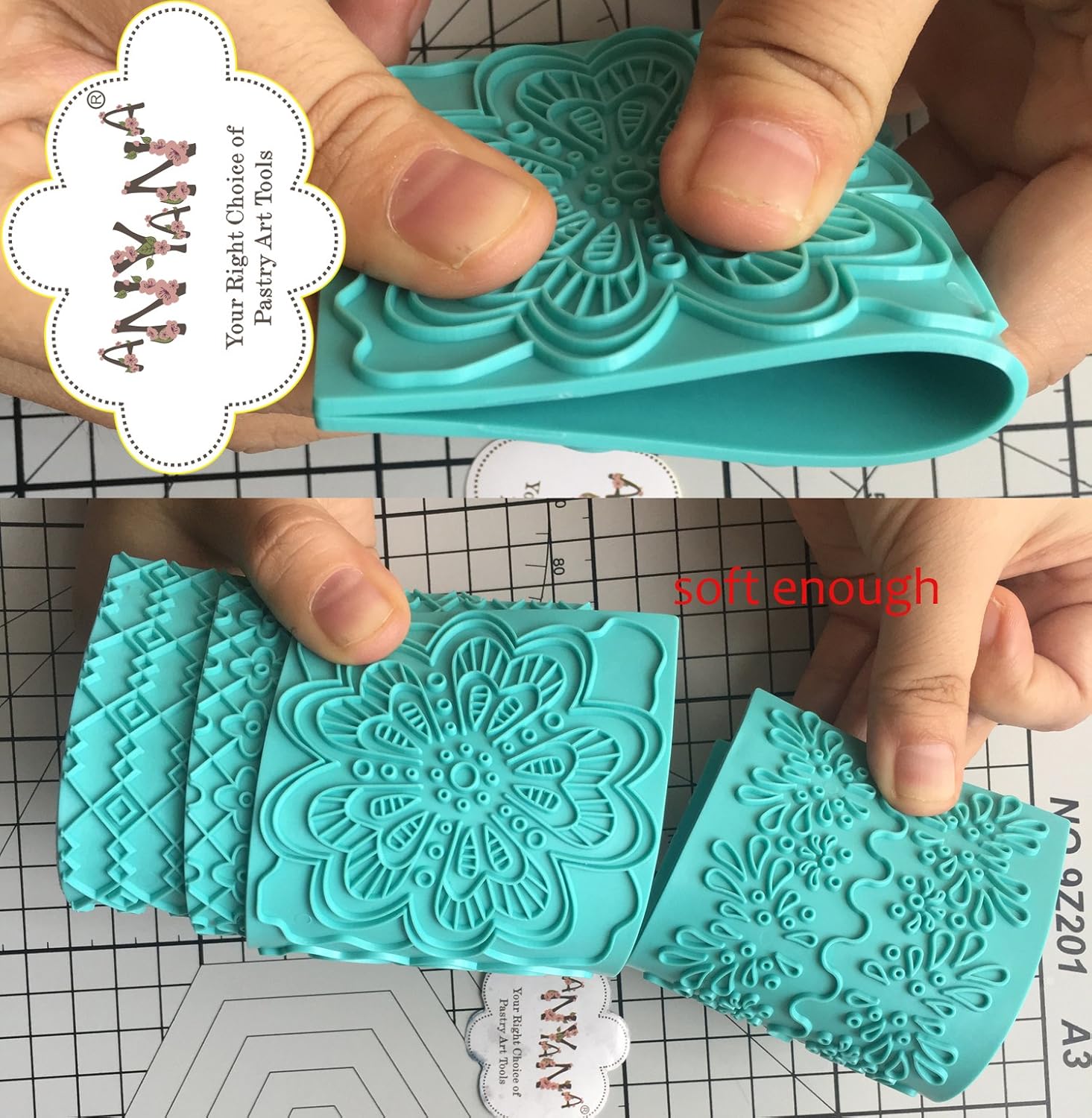 Anyana Juego de 12+6 moldes de glaseado en relieve de plástico gratis Kits de madera ladrillo adoquín acolchado cuadrícula diamante diseños