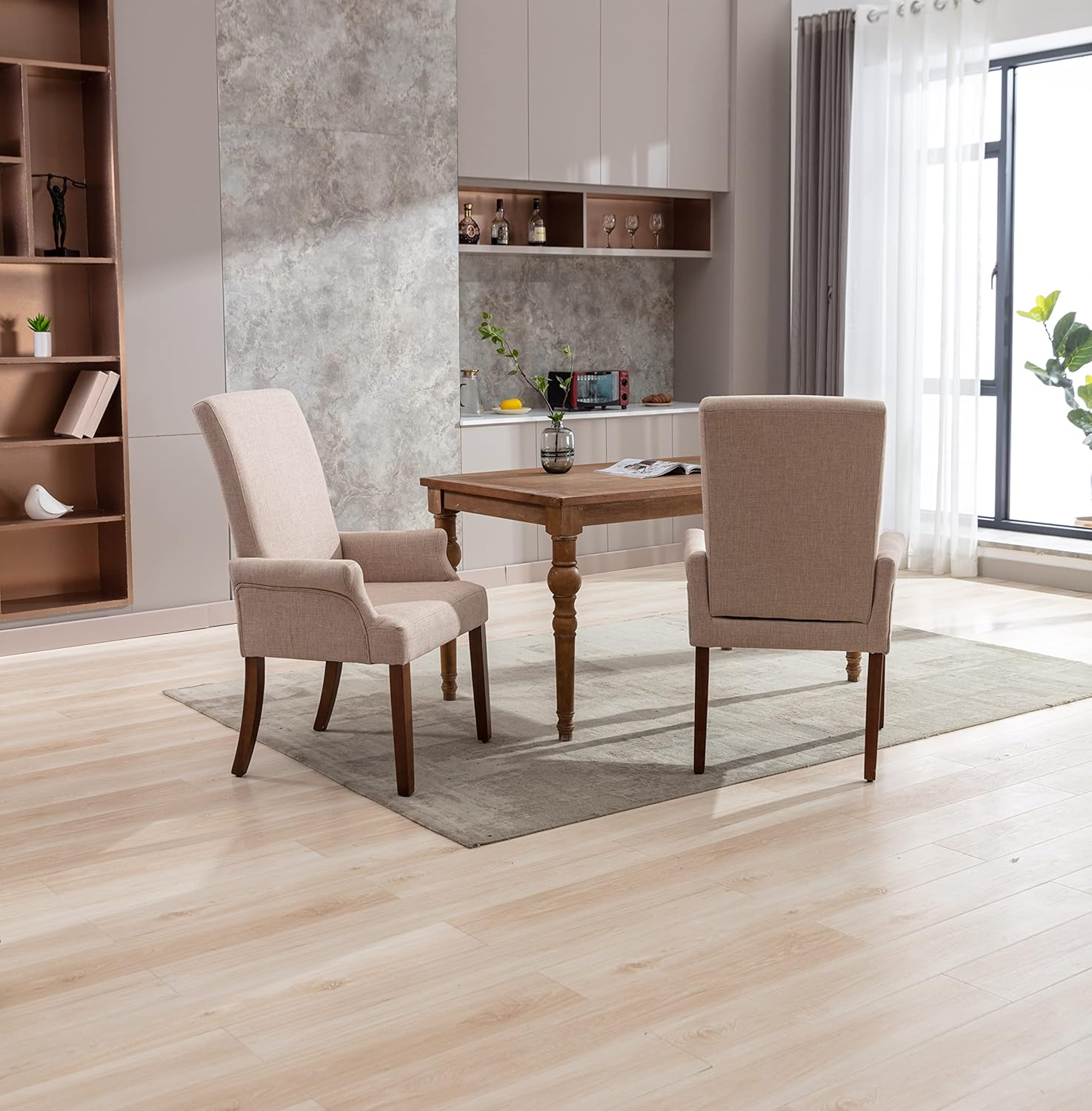 Restworld Sillas de comedor con brazos, tapizado capitoné con respaldo alto, ribete clavado con patas de madera de roble Untique para cocina,