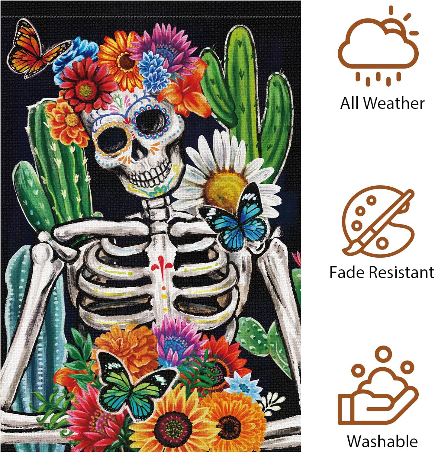 Bandera de jardín del Día de los Muertos de 28 x 40 pulgadas, de arpillera de doble cara, calavera, esqueleto, flor, banderas de jardín Dia DE Los