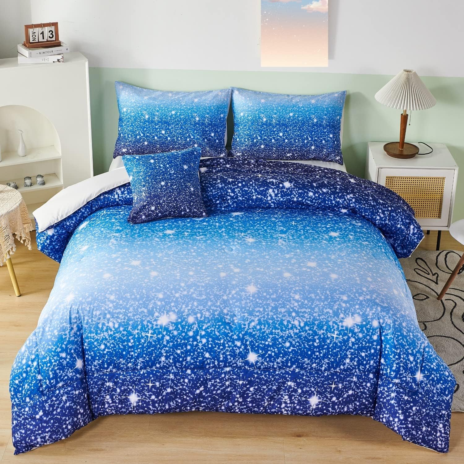 RYNGHIPY Juego de edredón de 6 piezas con sábanas y fundas de almohada, tamaño Queen, diseño de purpurina brillante, colecciones de ropa de cama
