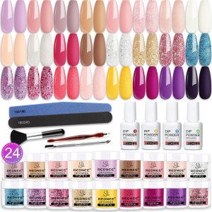 REDNEE Kit de manicura de inmersión de 33 piezas, 24 colores nude, rosa, neutro, sistema de polvo de inmersión para piel, conjunto líquido con base REDNEE Kit de manicura de inmersión de 33 piezas, 24 colores nude, rosa, neutro, sistema de polvo de inmersión para piel, conjunto líquido con base