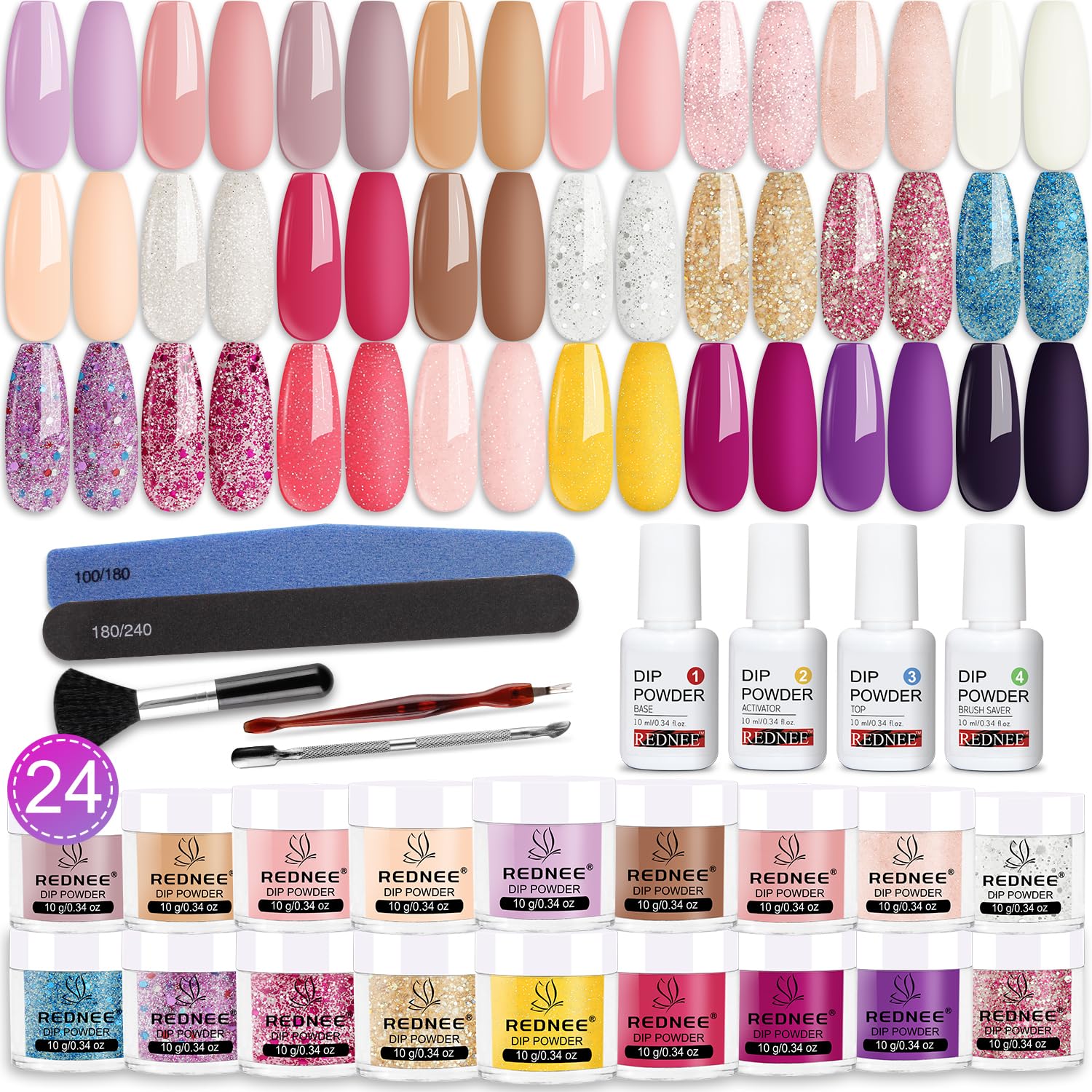 REDNEE Kit de manicura de inmersión de 33 piezas, 24 colores nude, rosa, neutro, sistema de polvo de inmersión para piel, conjunto líquido con base