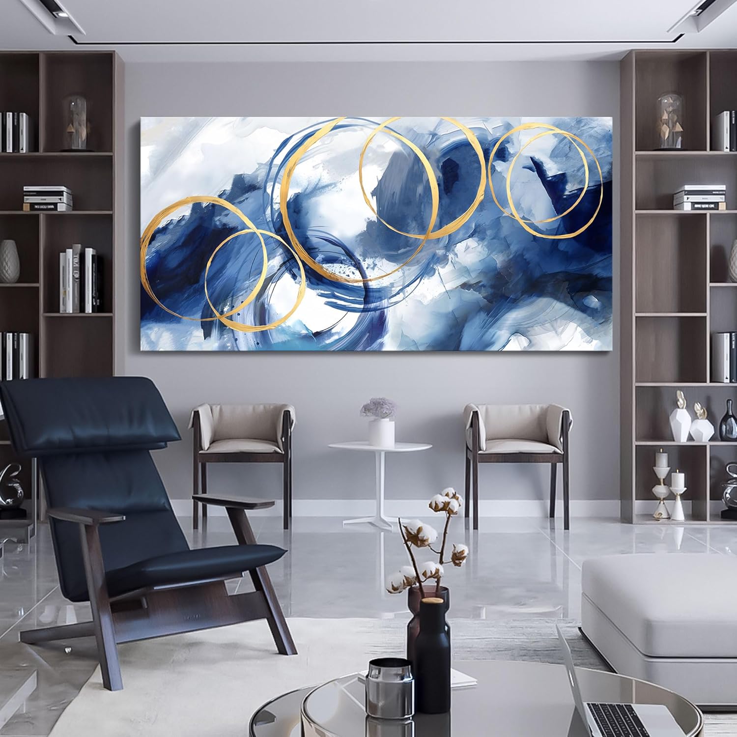 AJAZIKO Arte grande para pared, decoración abstracta de pared, arte moderno azul, decoración de pared, obras de arte para paredes, sala de estar,