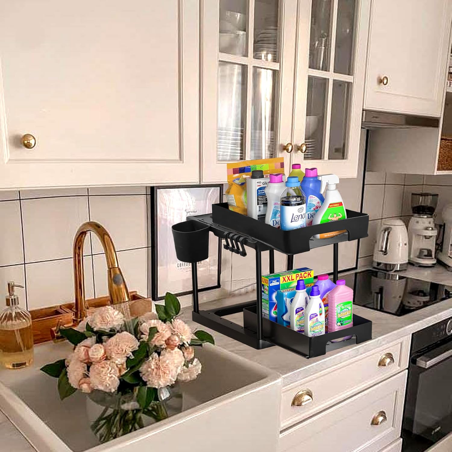Organizadores y almacenamiento debajo del fregadero de la cocina, paquete de 2 organizadores debajo del fregadero con ganchos y taza para colgar, 2