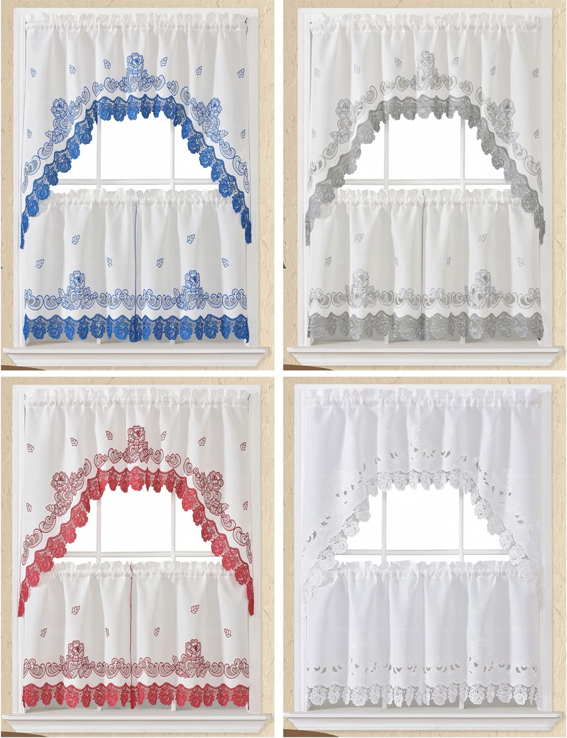 GOHD – Cortinas de cocina de rosario de encaje, juego de 3 cortinas y cenefas de cocina, elegante tela blanca con bordado de rosas y encaje (color