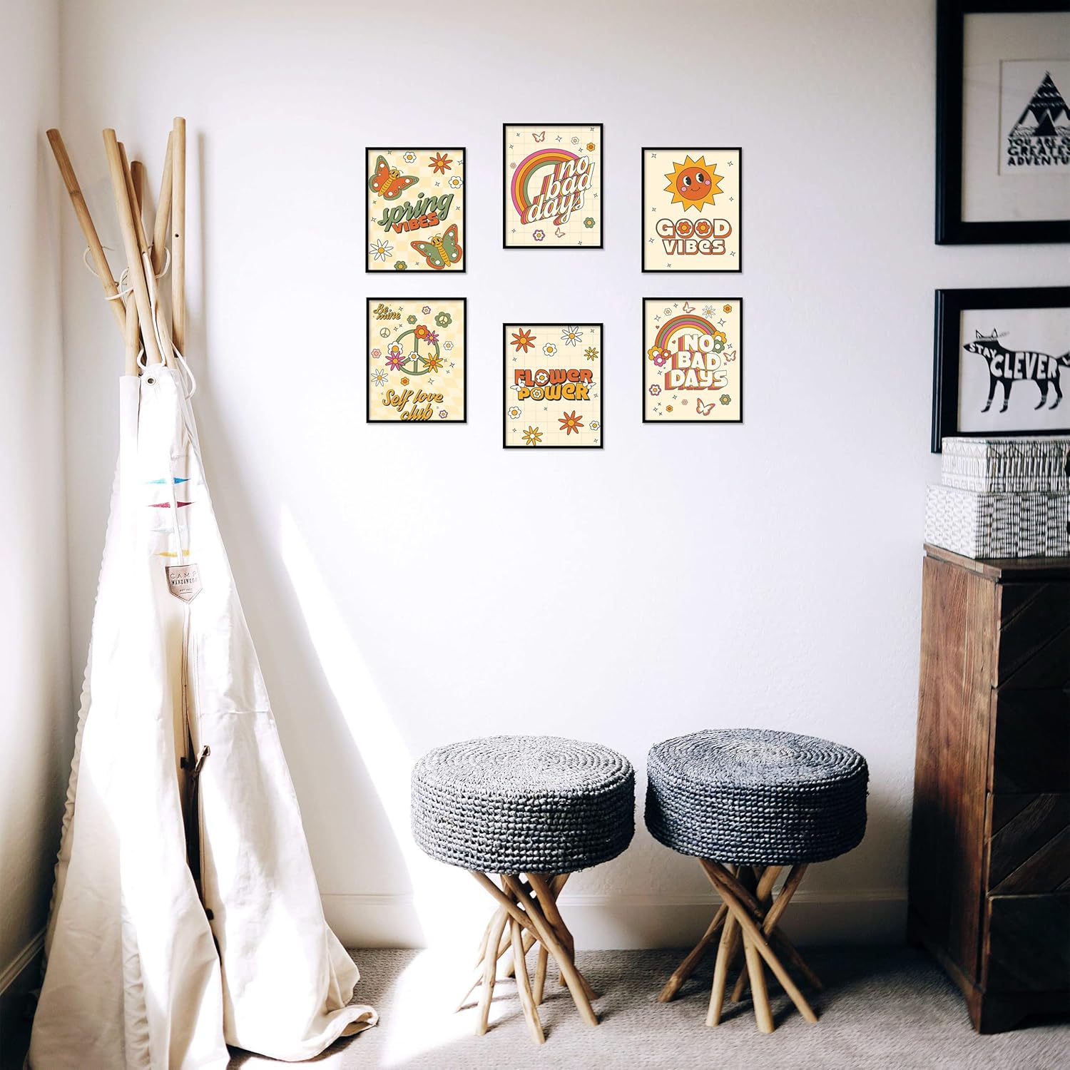 Juego de 6 impresiones de arte hippie para pared, estilo vintage, lienzo de flores hippie de los años 60 y 70, pósteres retro, abstracto,
