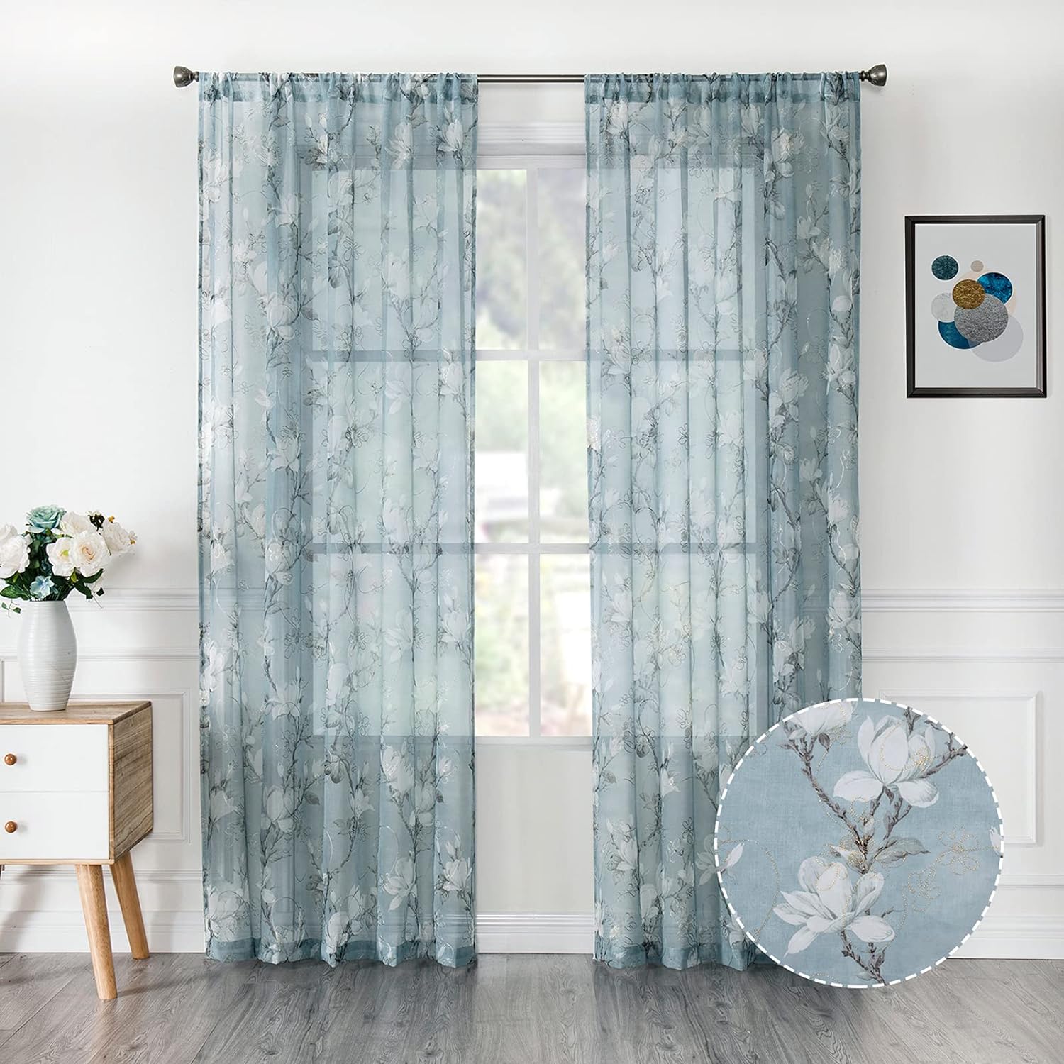 Tollpiz – Cortinas de gasa con estampado de flores y bordado de enredadera, con bolsa para barra, cortinas Voile para ventana, para sala de estar,