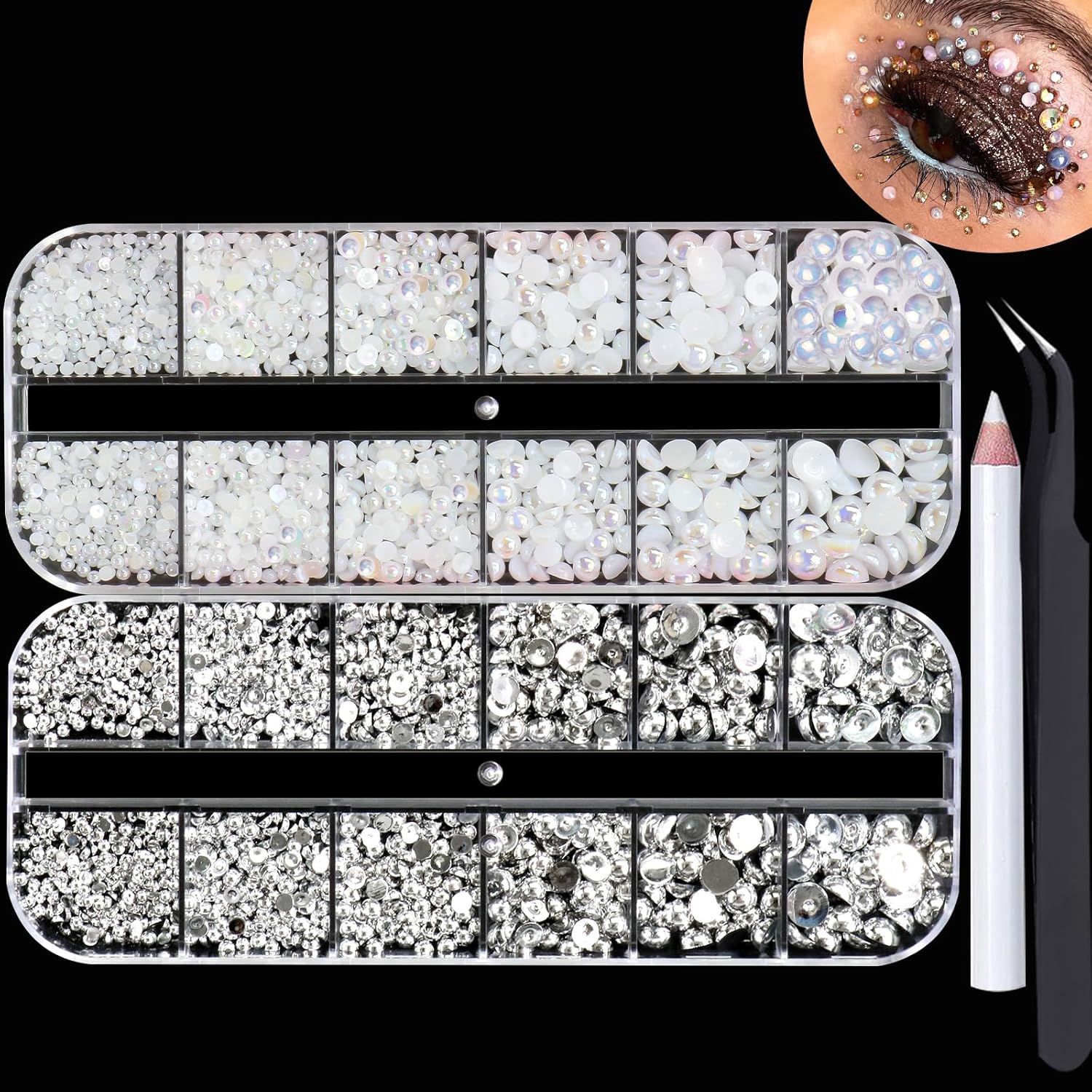 YAEISM 2 cajas de diamantes de imitación de perlas semicirculares redondas de resina plateada de 0.079-0.236 in con lápiz recogedor y pinzas para