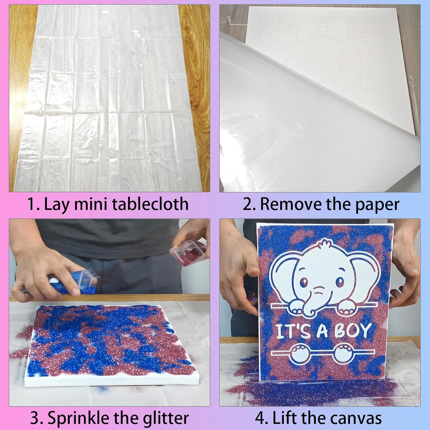 Juego de mesa de lienzo para revelación de género con confeti azul y rosa con purpurina, elefante para baby shower, suministros para fiesta de