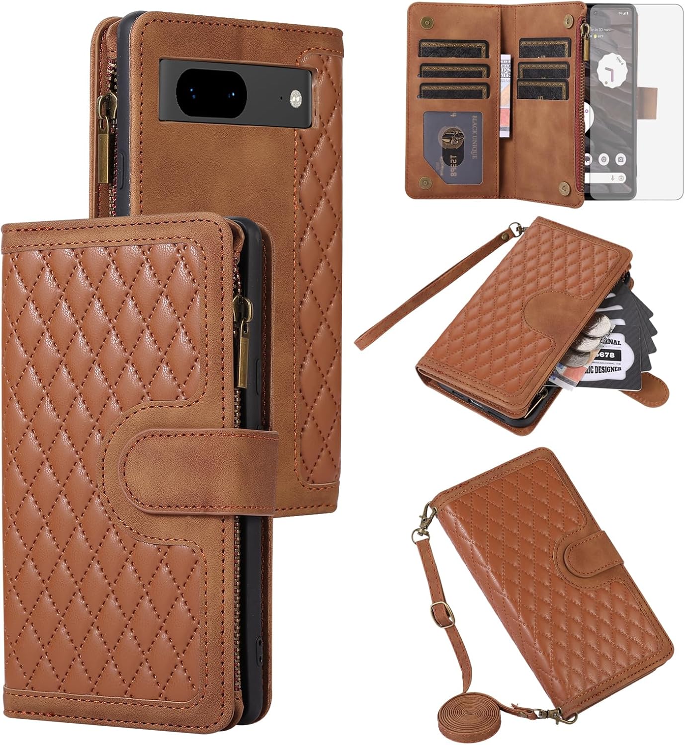 Asuwish Funda de teléfono para Google Pixel 7 5G Funda tipo cartera con protector de pantalla de vidrio templado y correa cruzada para la muñeca con